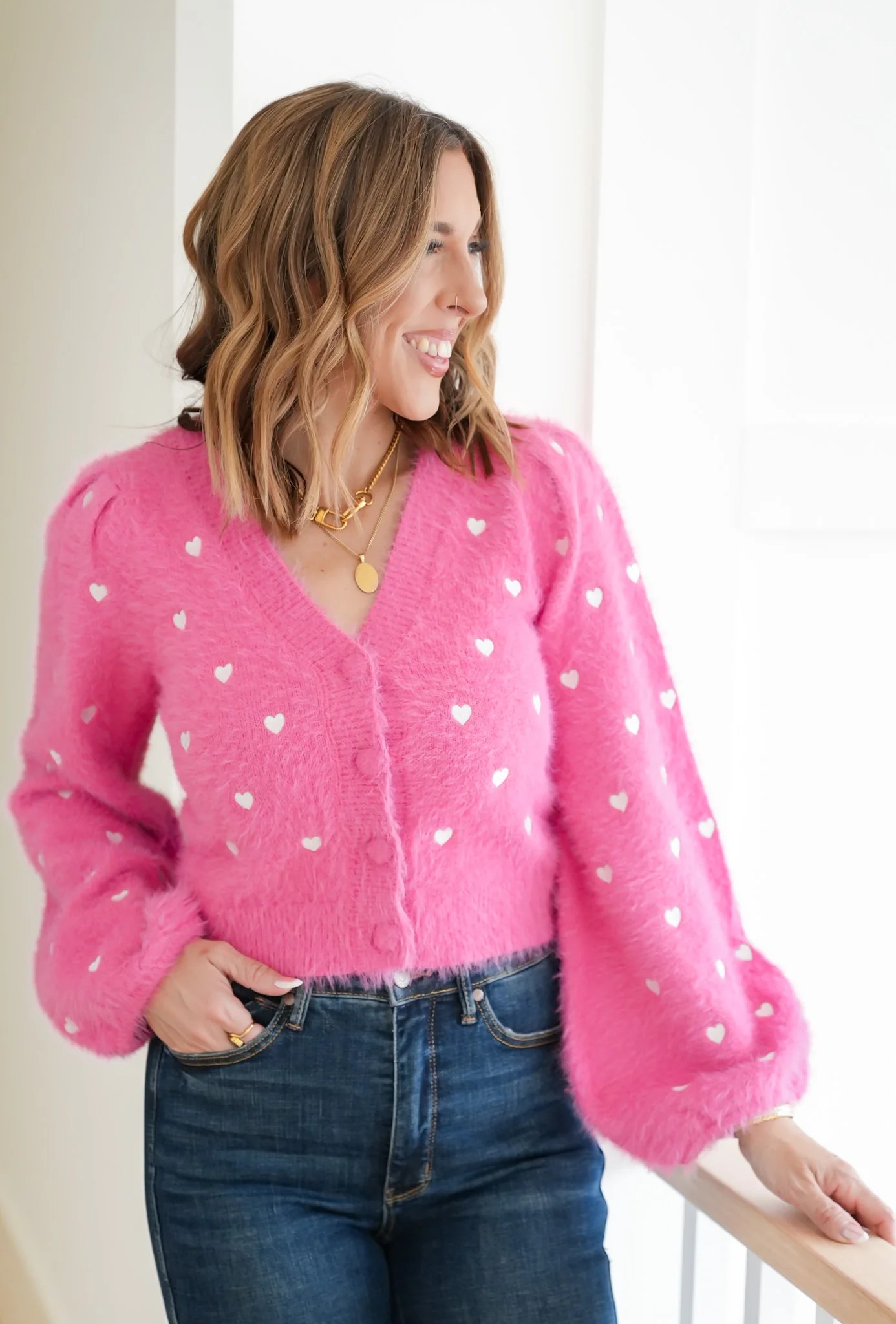 Balloon Long Sleeve Heart Embroidered Cardigan - Image 2
