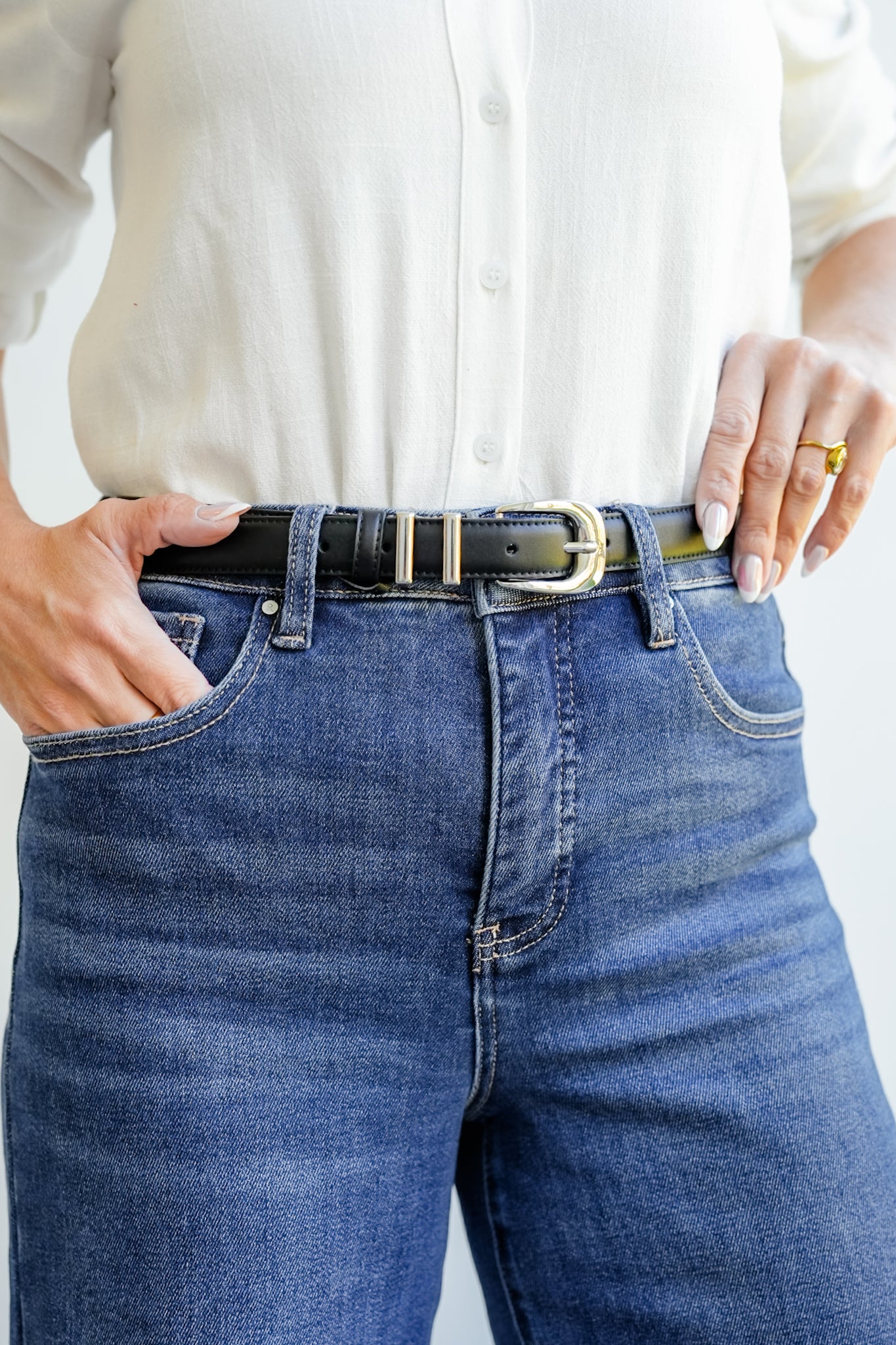 Black Leather Belt with Double Metal Strap Loops - Image 3