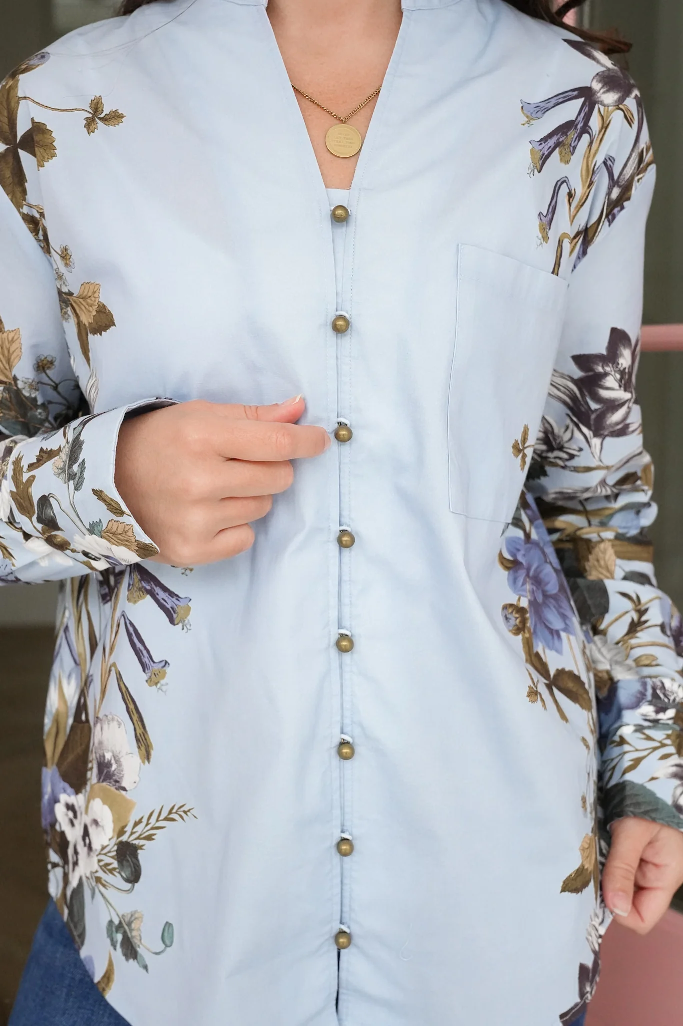 Chambray Long Sleeve Button Down with Floral Accent - Image 4