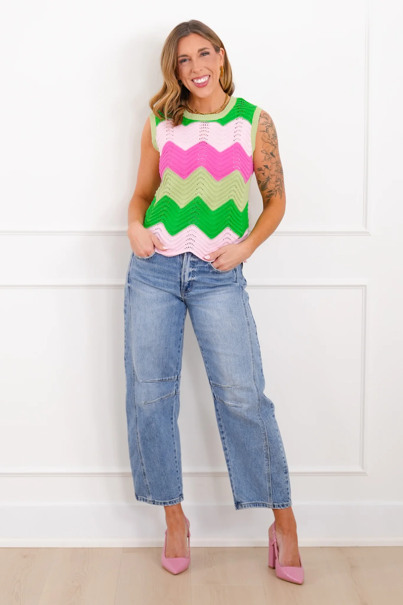 Chevron Crochet Sleeveless Sweater Top - Image 3