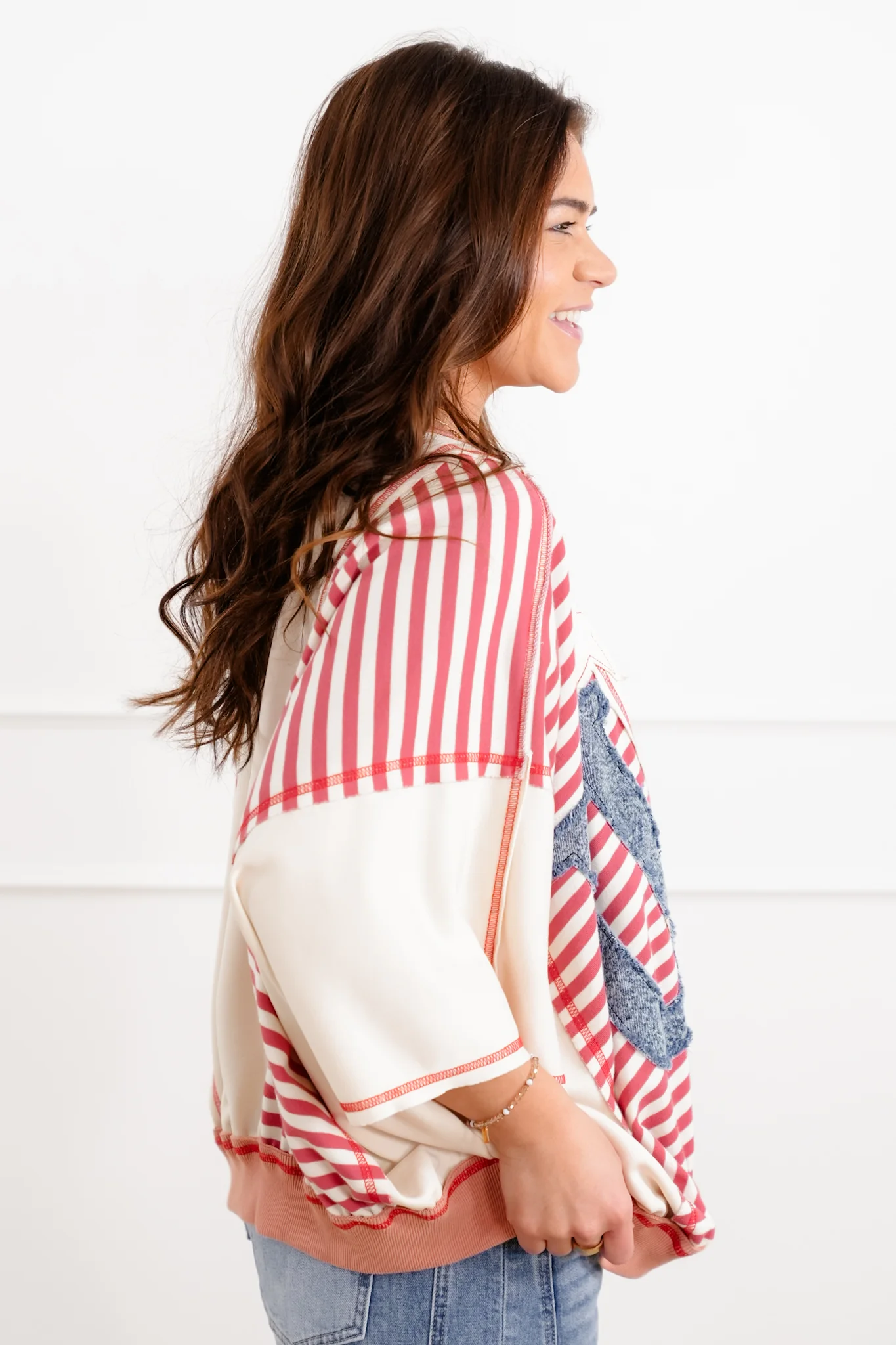 Color Block and Stripe 3/4 Sleeve Top with Denim "USA" Patchwork Detail - Image 3
