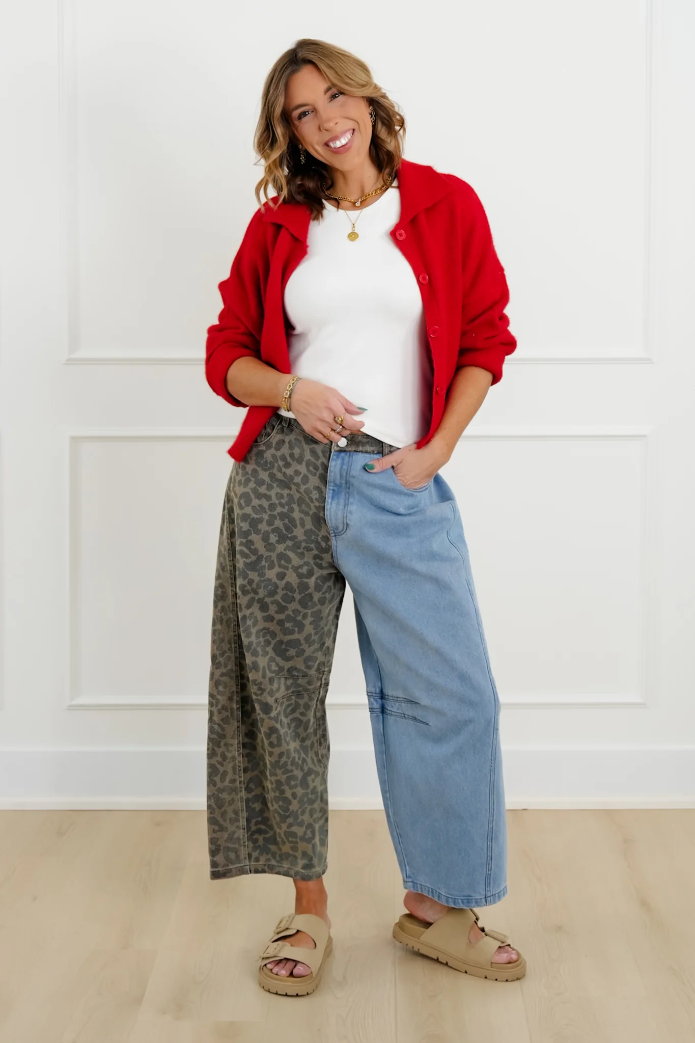 Plus/Reg Denim Leopard Print High Rise Wide Leg Pants - Image 2