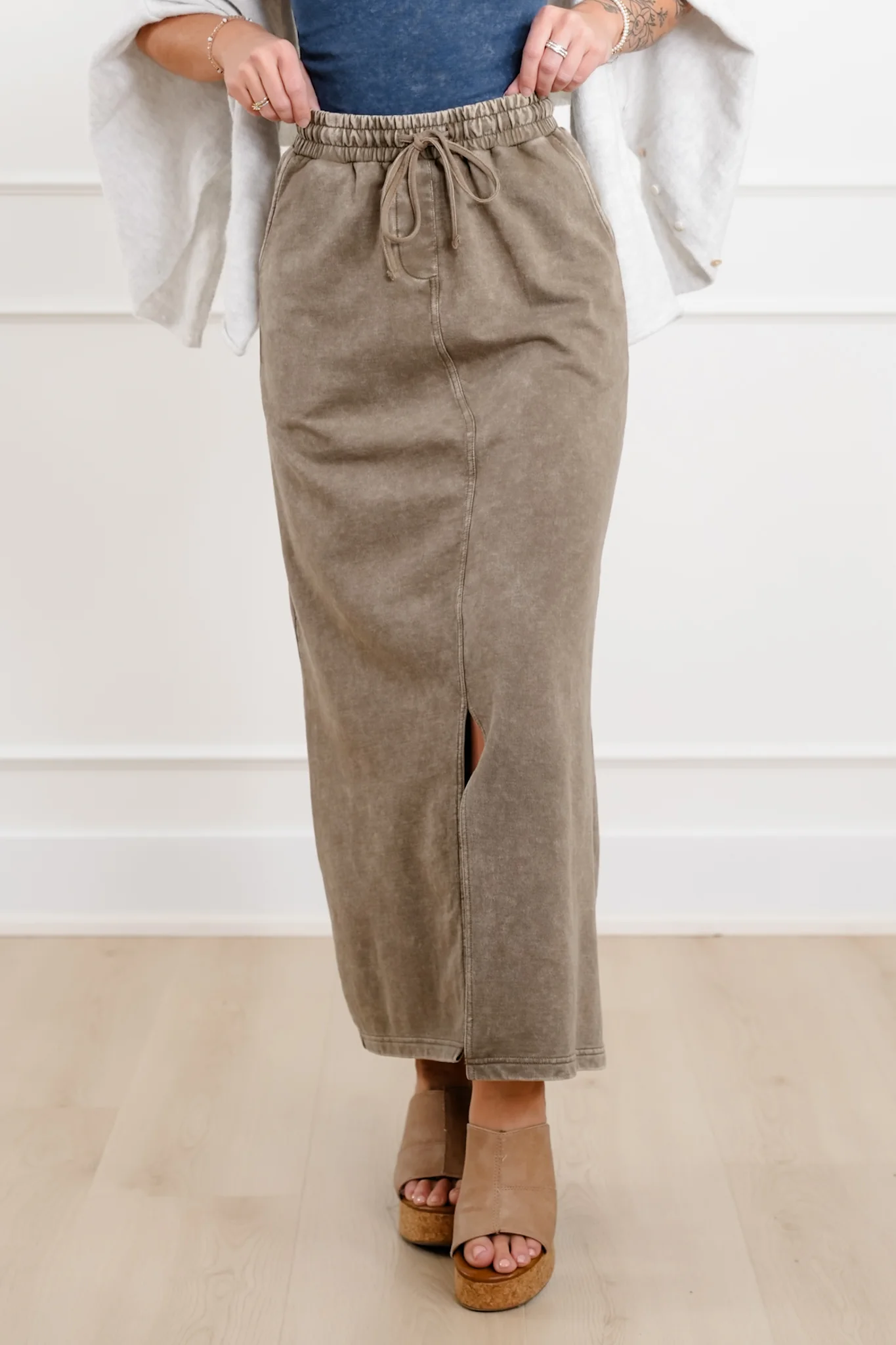 Door Buster! Zenana French Terry Acid Washed Front Slit Long Skirts - Image 5