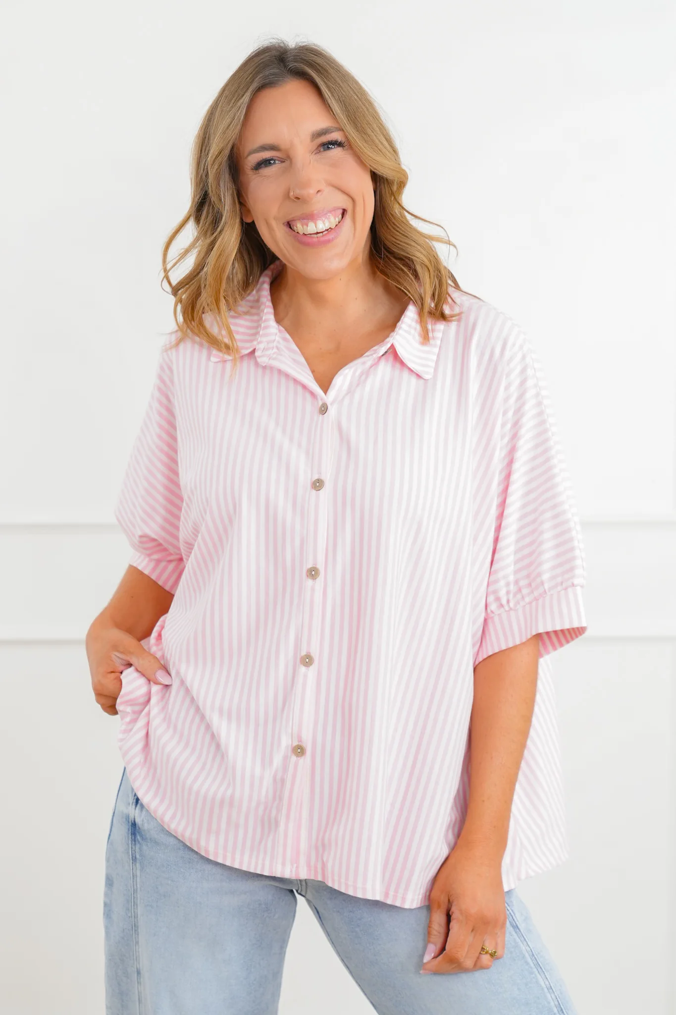 Door Buster! Zenana Oversized Stripe Button Down Shirts - Image 3