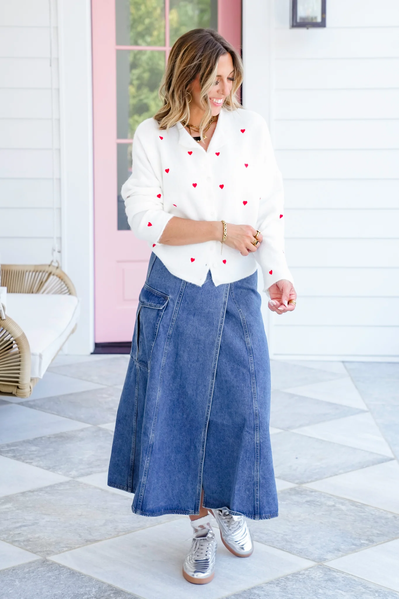 Embroidered Hearts Long Sleeve Button Down Cardigan - Image 7