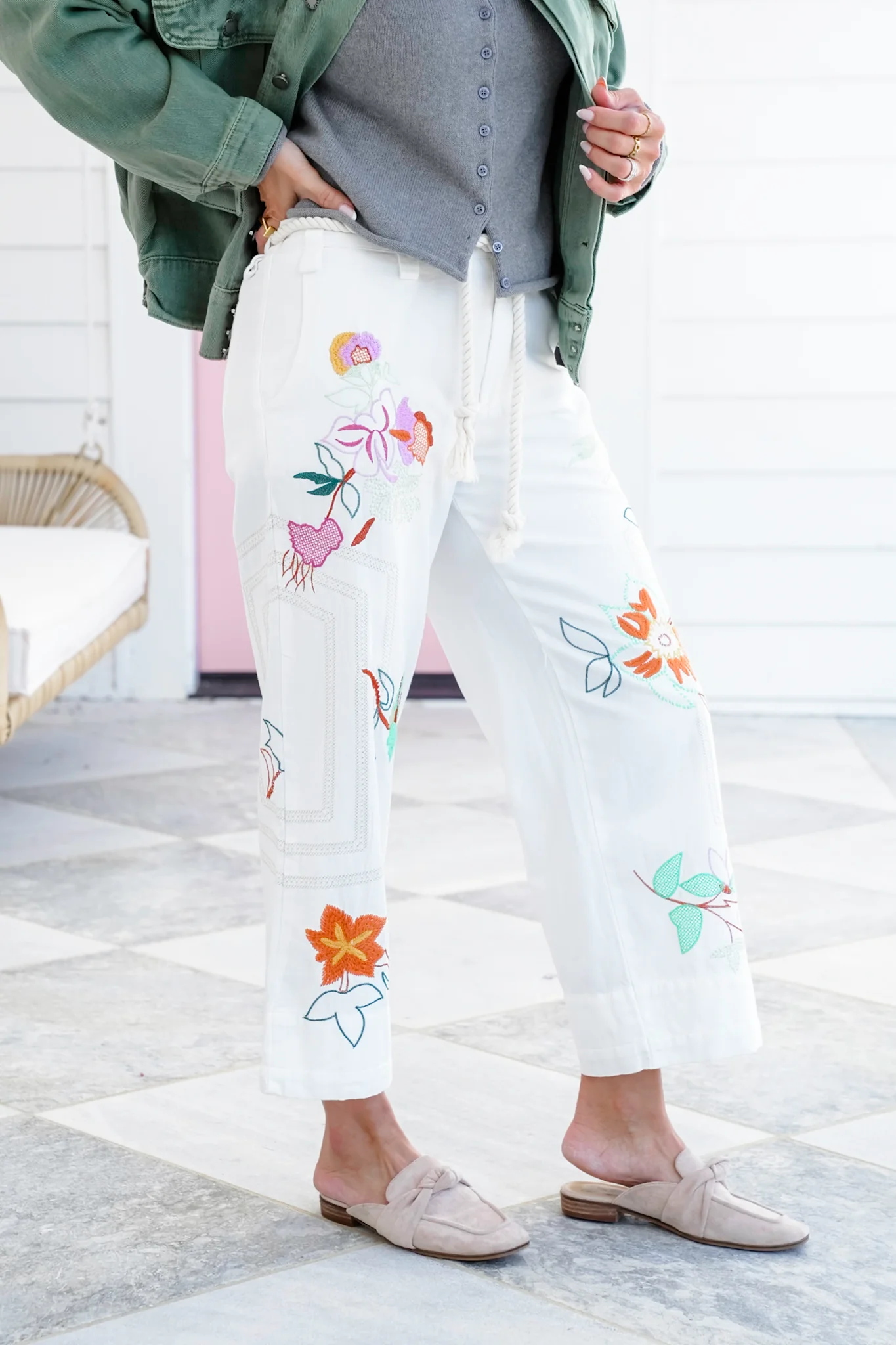 Restock! Floral Embroidered Elastic Back Pants with Rope Belt - Image 10