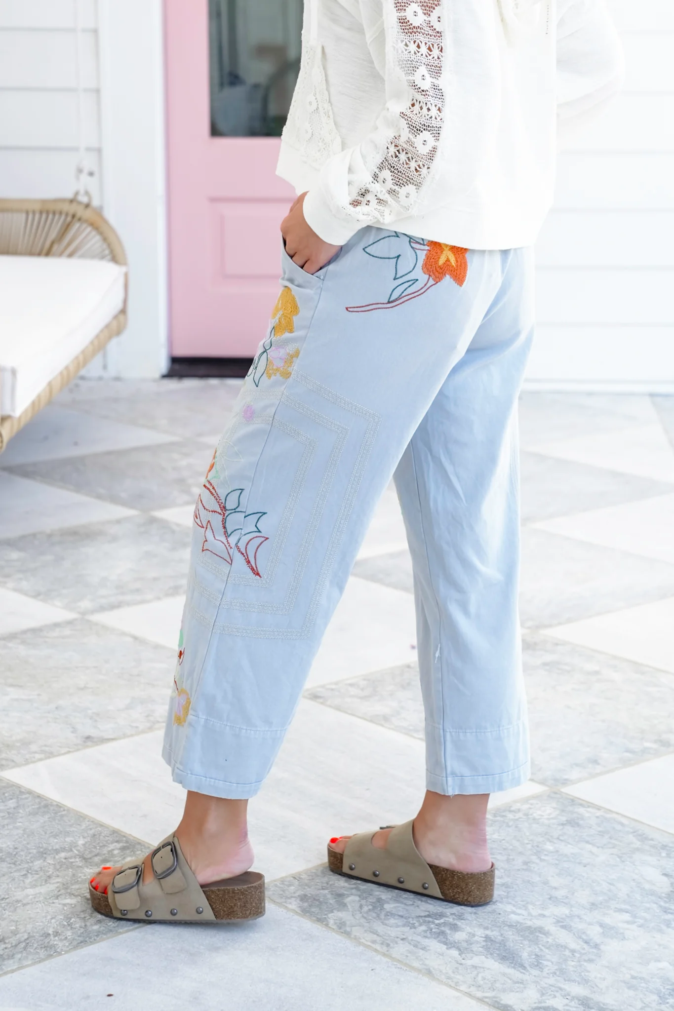 Restock! Floral Embroidered Elastic Back Pants with Rope Belt - Image 6
