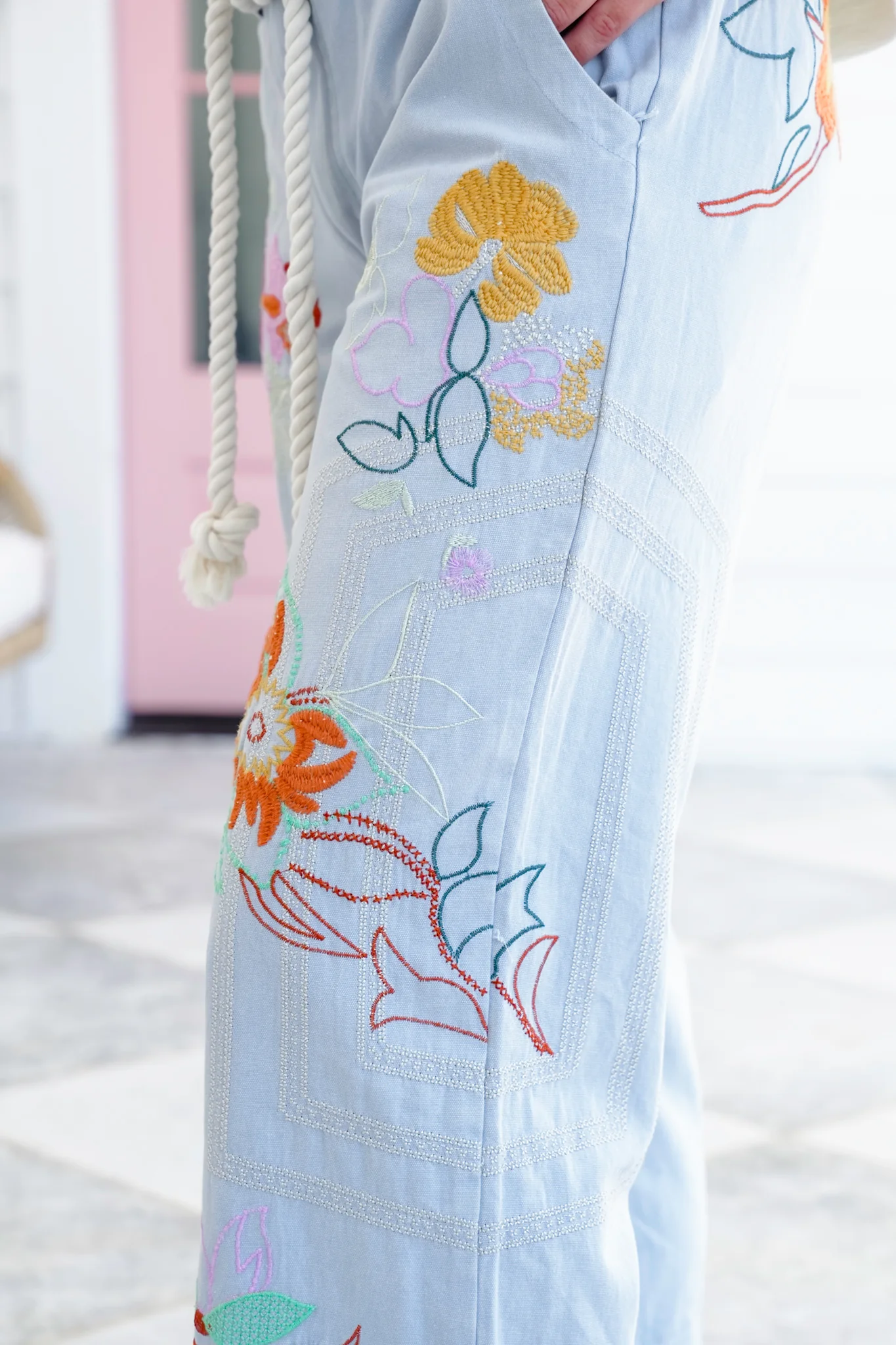Restock! Floral Embroidered Elastic Back Pants with Rope Belt - Image 7