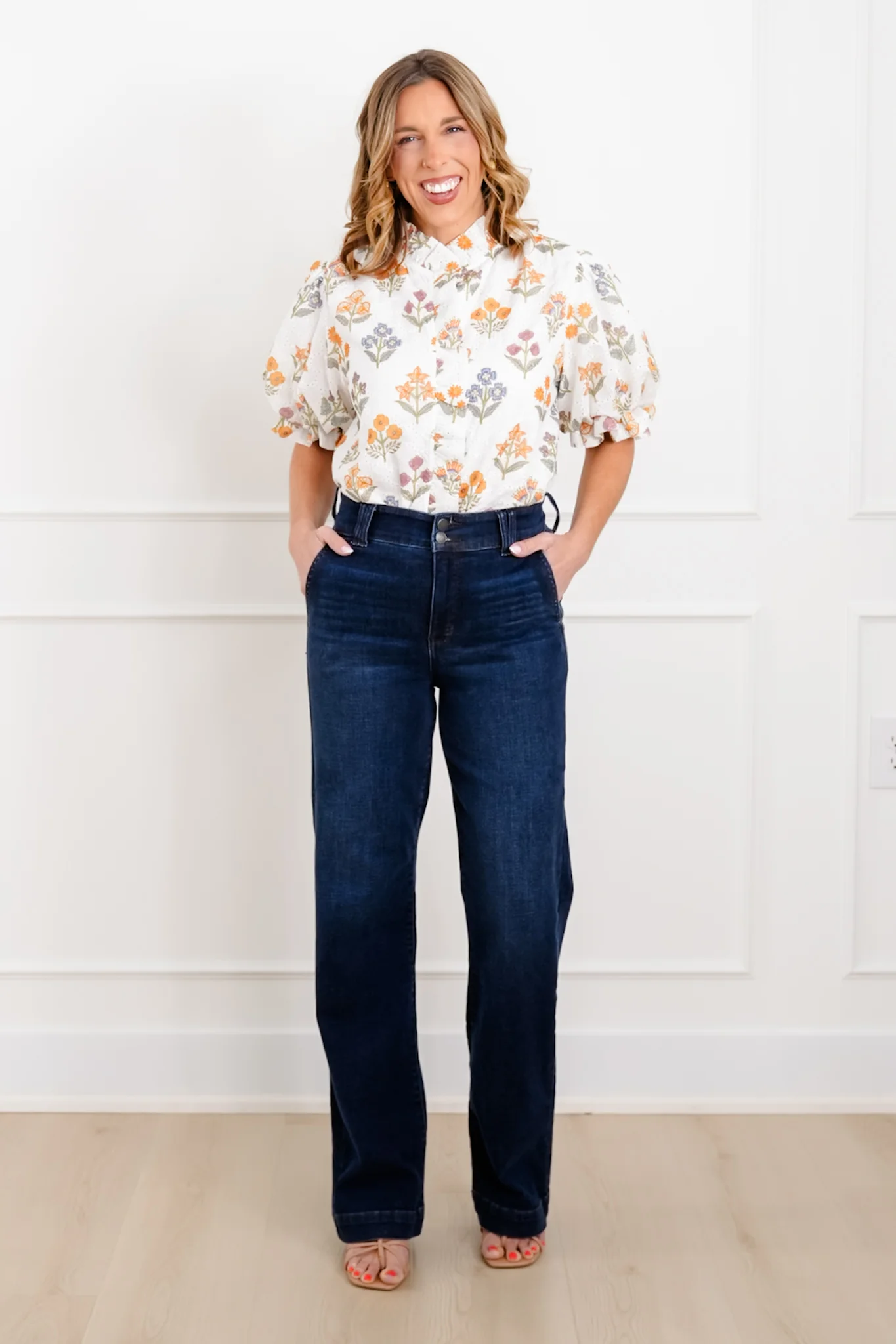 Floral Print Eyelet Short Puff Sleeve Button Down Top - Image 3
