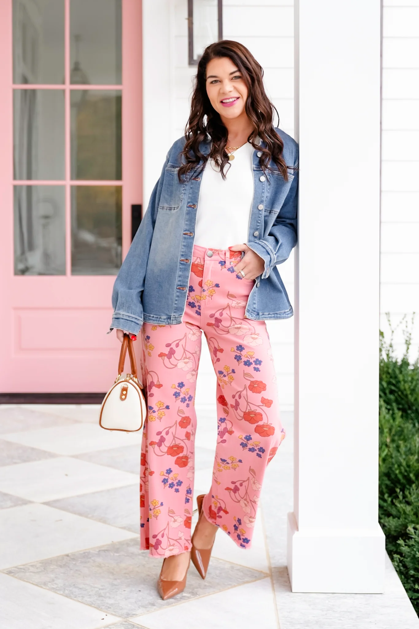Floral Print Washed Denim Straight Leg Pants - Image 4