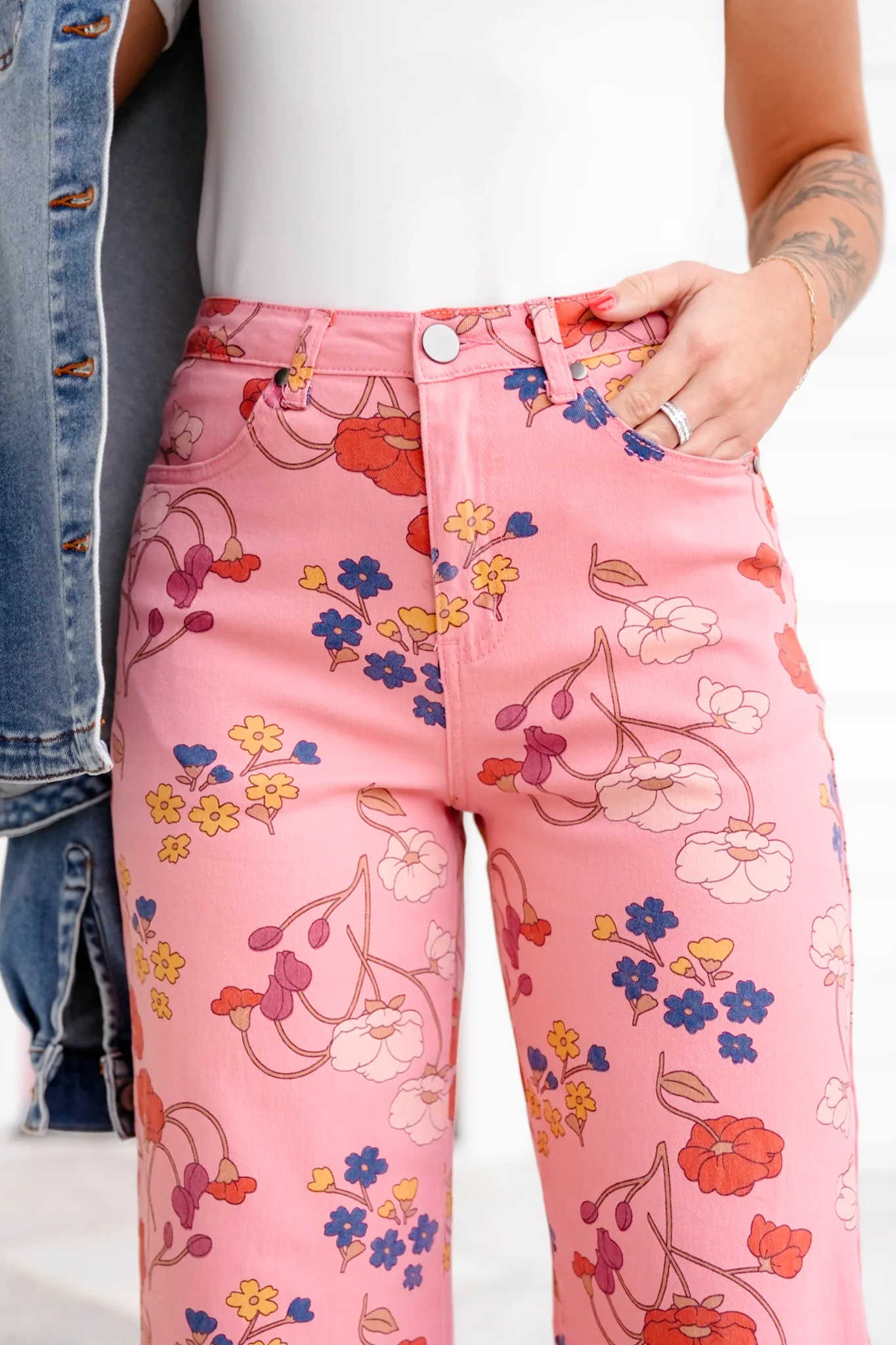 Floral Print Washed Denim Straight Leg Pants - Image 5