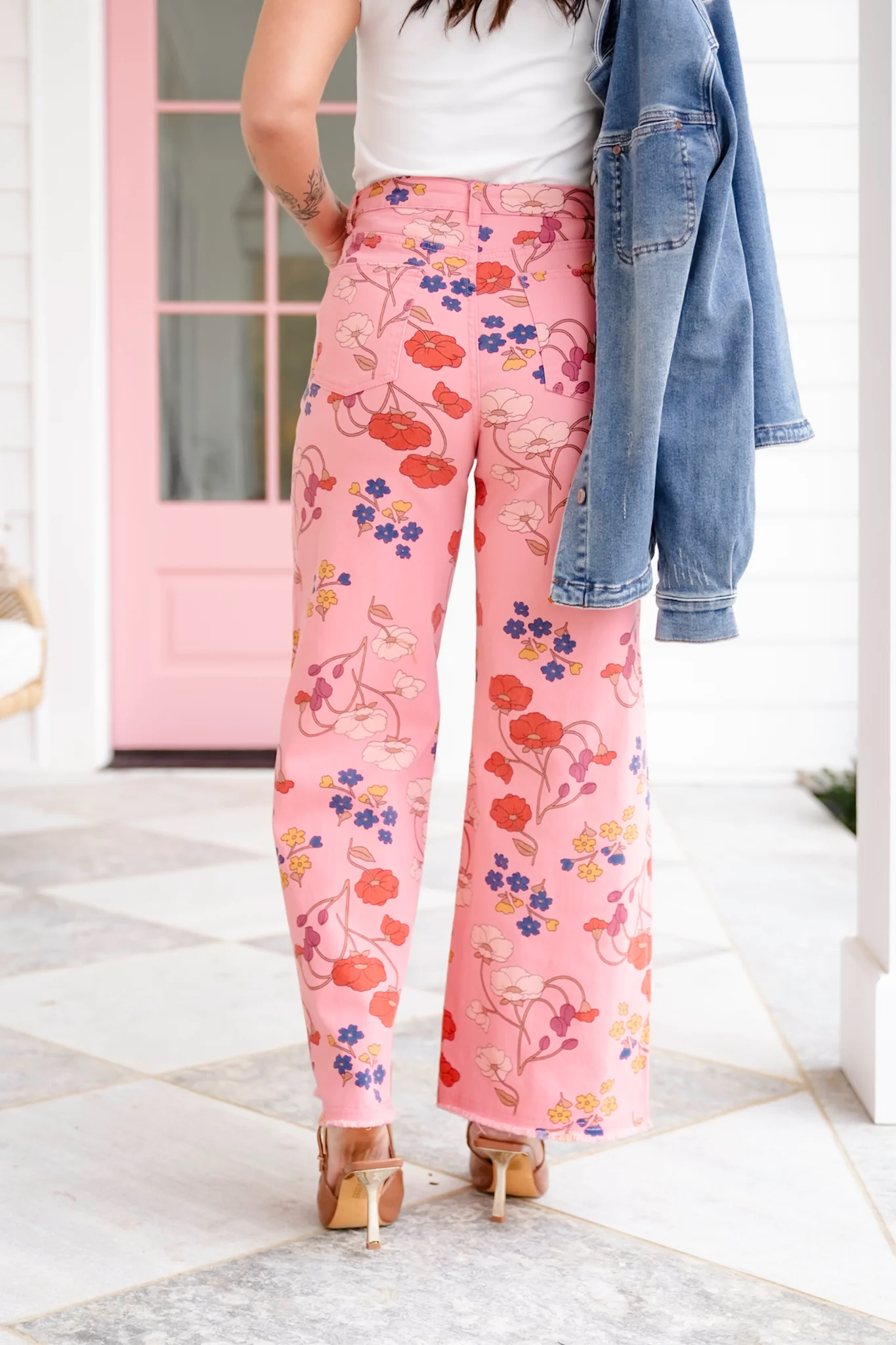 Floral Print Washed Denim Straight Leg Pants - Image 7
