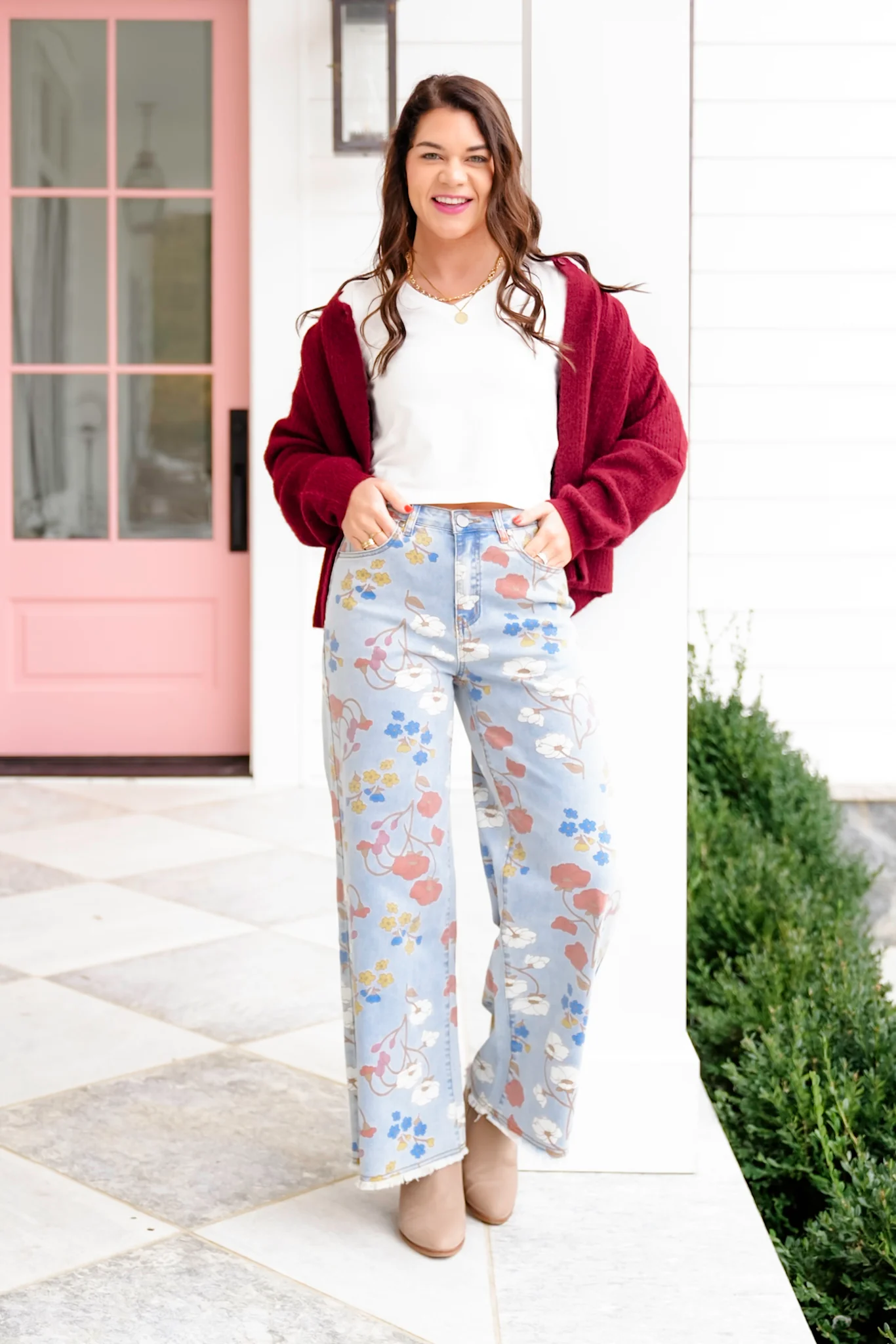 Floral Print Washed Denim Straight Leg Pants - Image 8