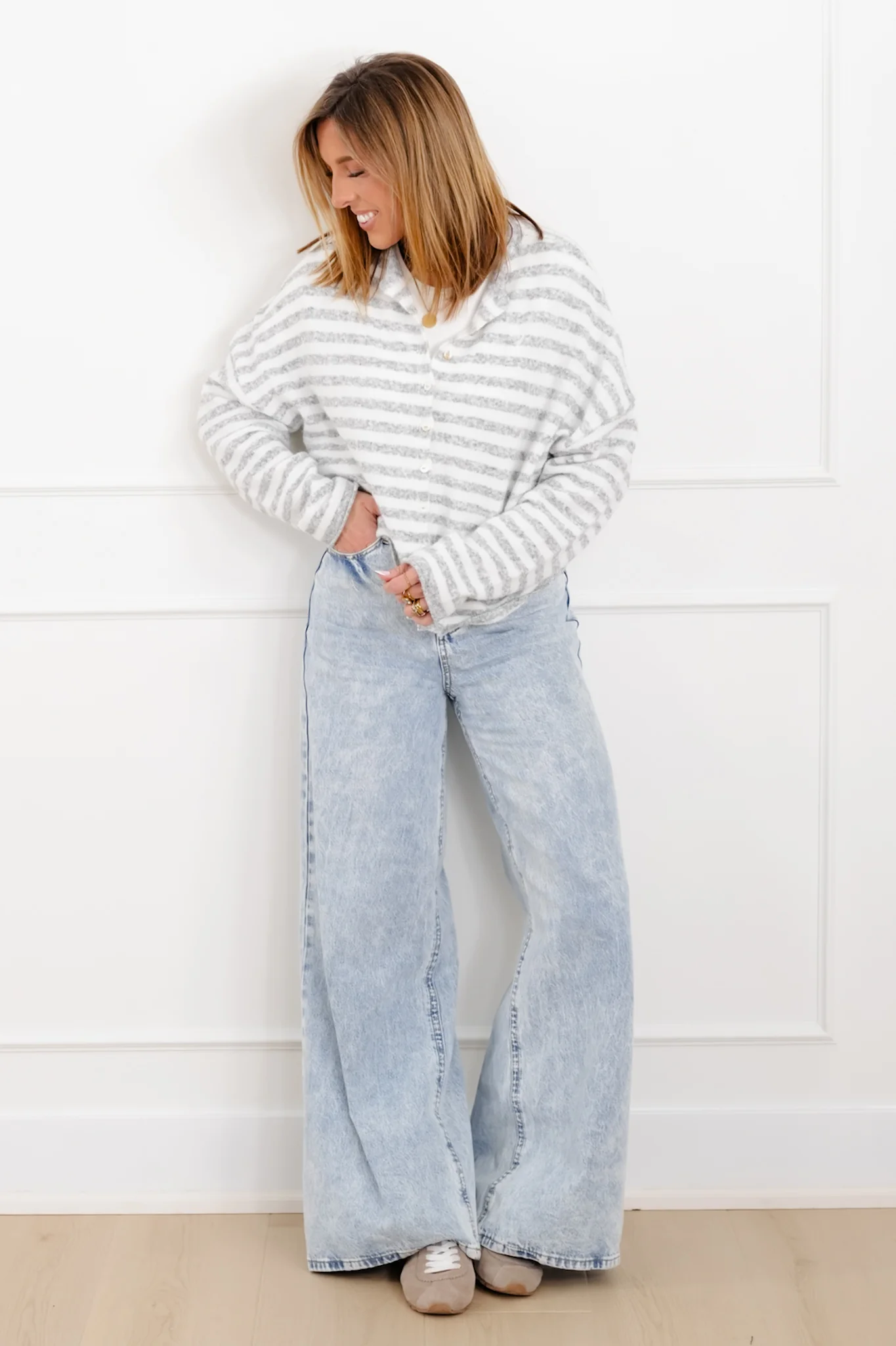 Ivory Grey Stripe Long Sleeve Button Down Cardigan - Image 2