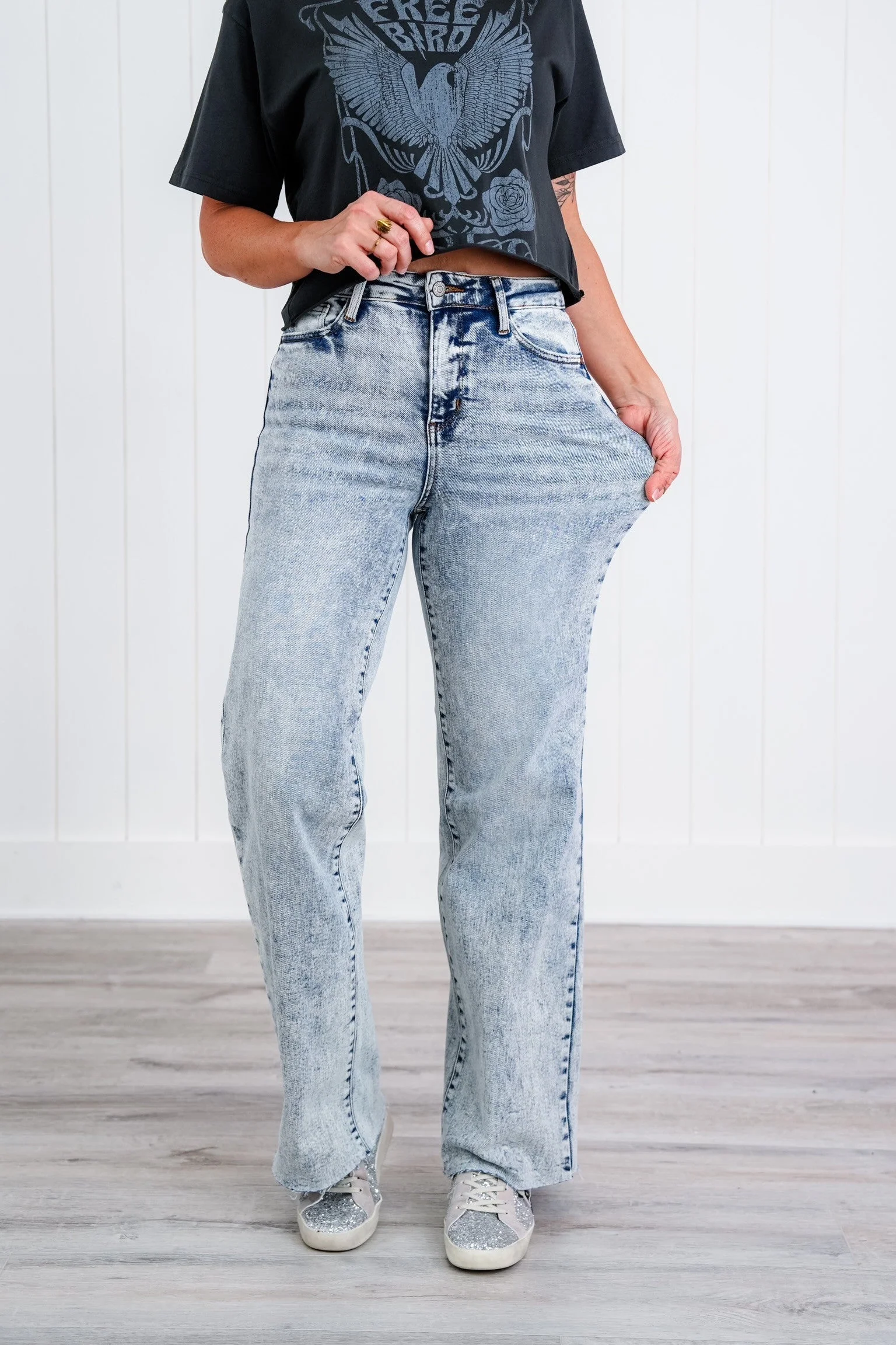 Judy Blue  Bad Blood High Rise Light Mineral Wash Raw Hem Wide Leg Jeans - Image 30