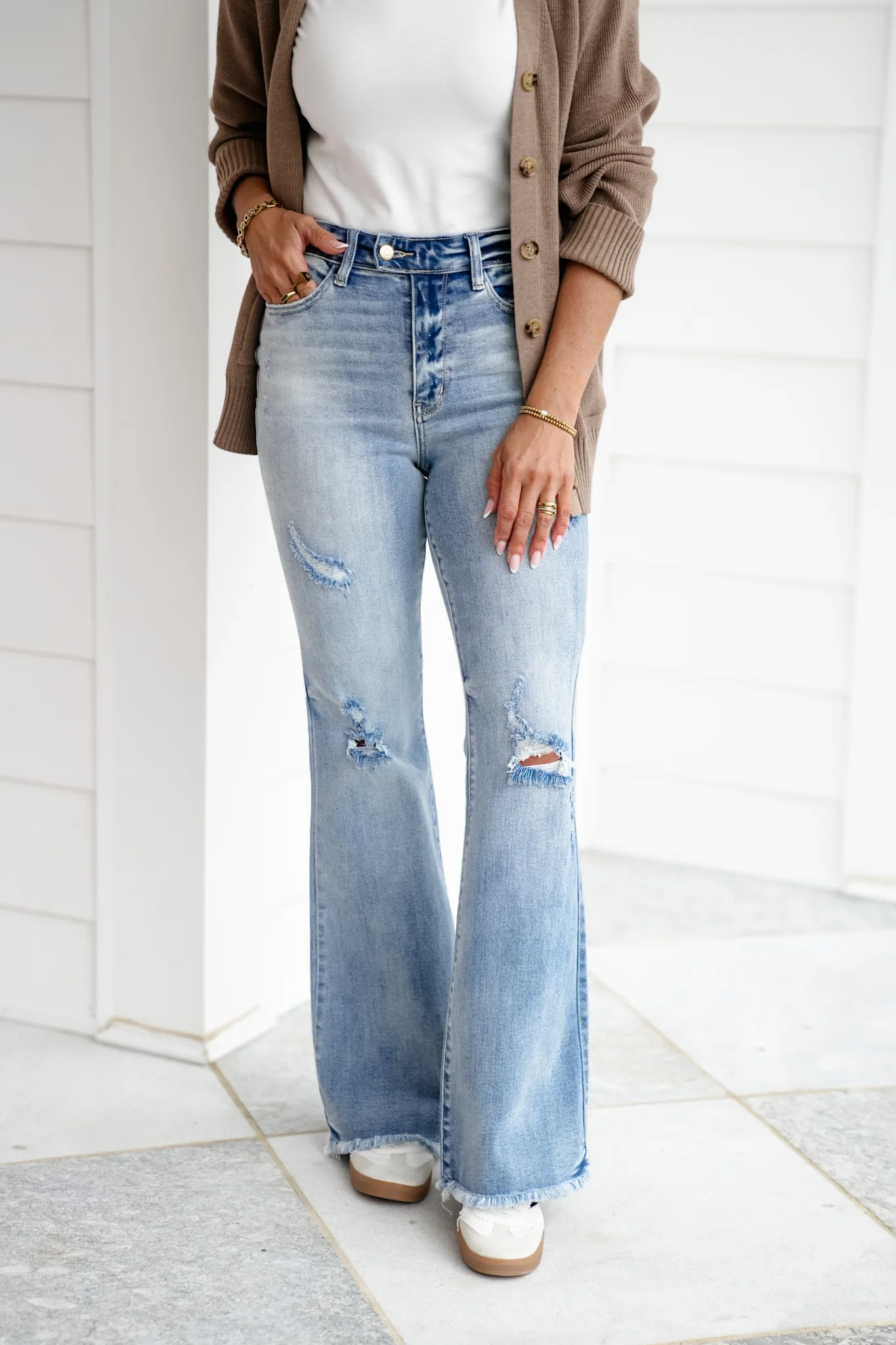 Judy Blue High Tide High Rise Light Wash Distressed Flare Jeans with Shield Pockets - Image 6