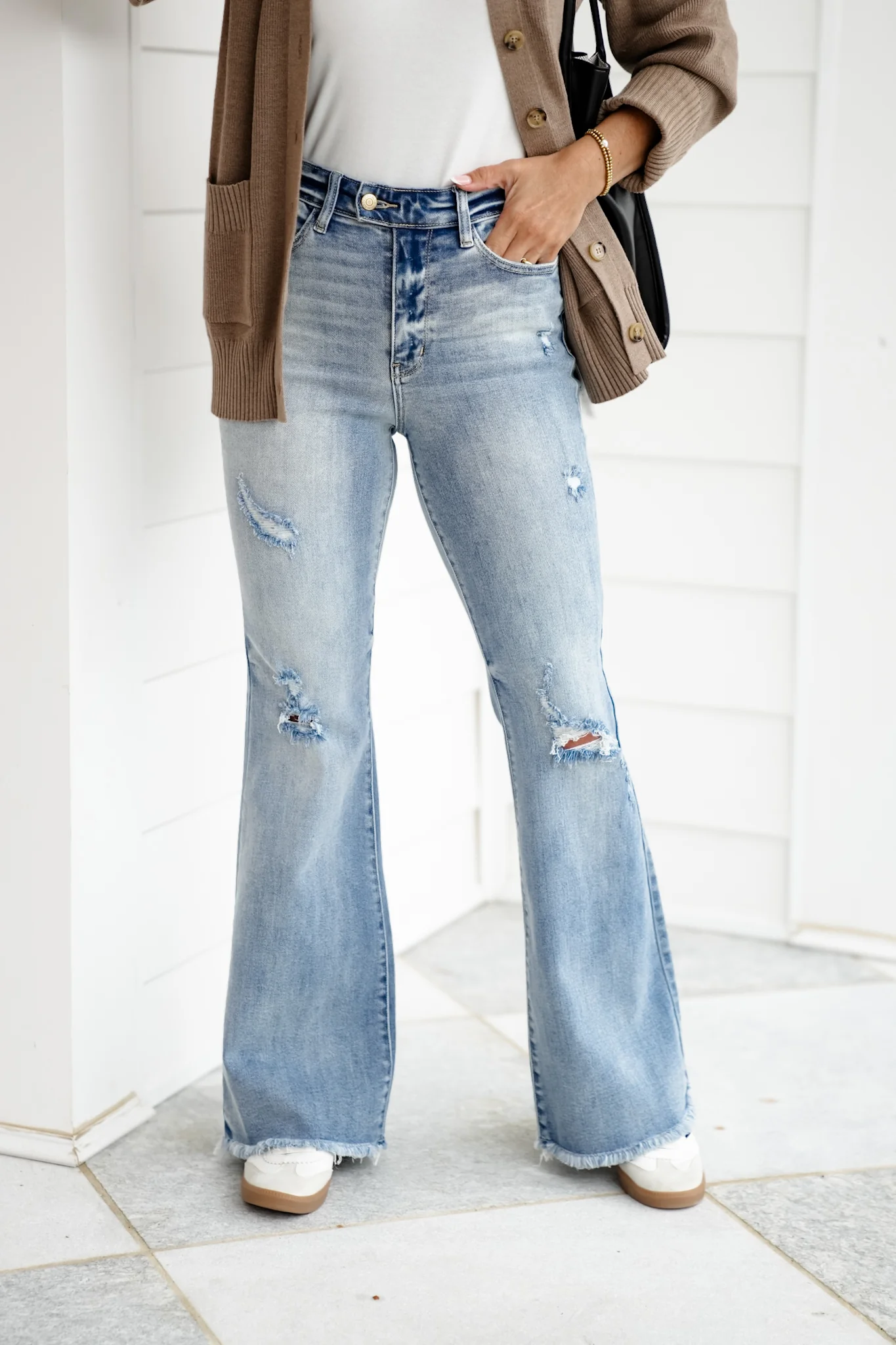 Judy Blue High Tide High Rise Light Wash Distressed Flare Jeans with Shield Pockets - Image 9