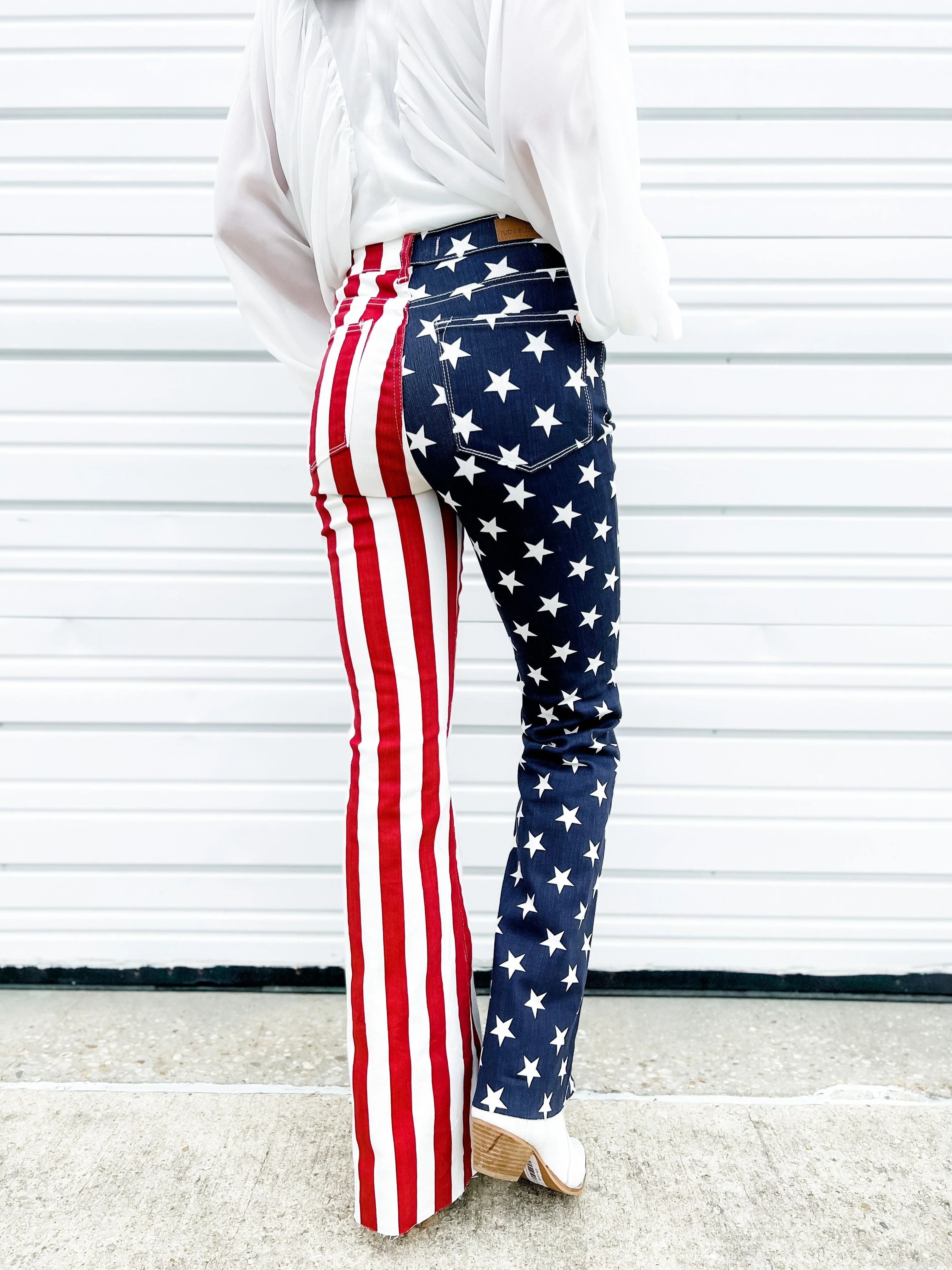 Judy Blue High Rise Stars and Stripes Print Raw Hem Flare Jeans - Image 12