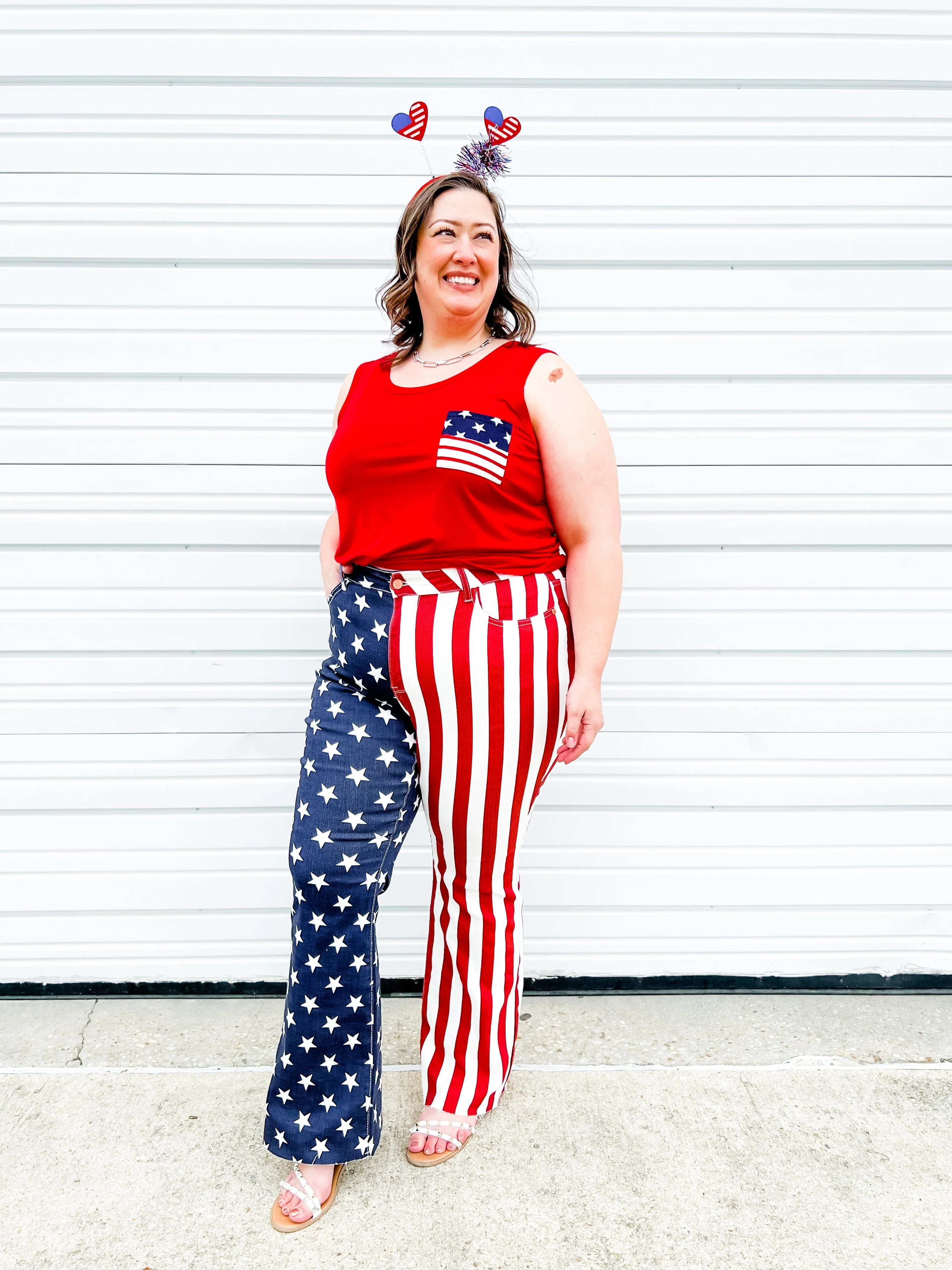 Judy Blue High Rise Stars and Stripes Print Raw Hem Flare Jeans - Image 13