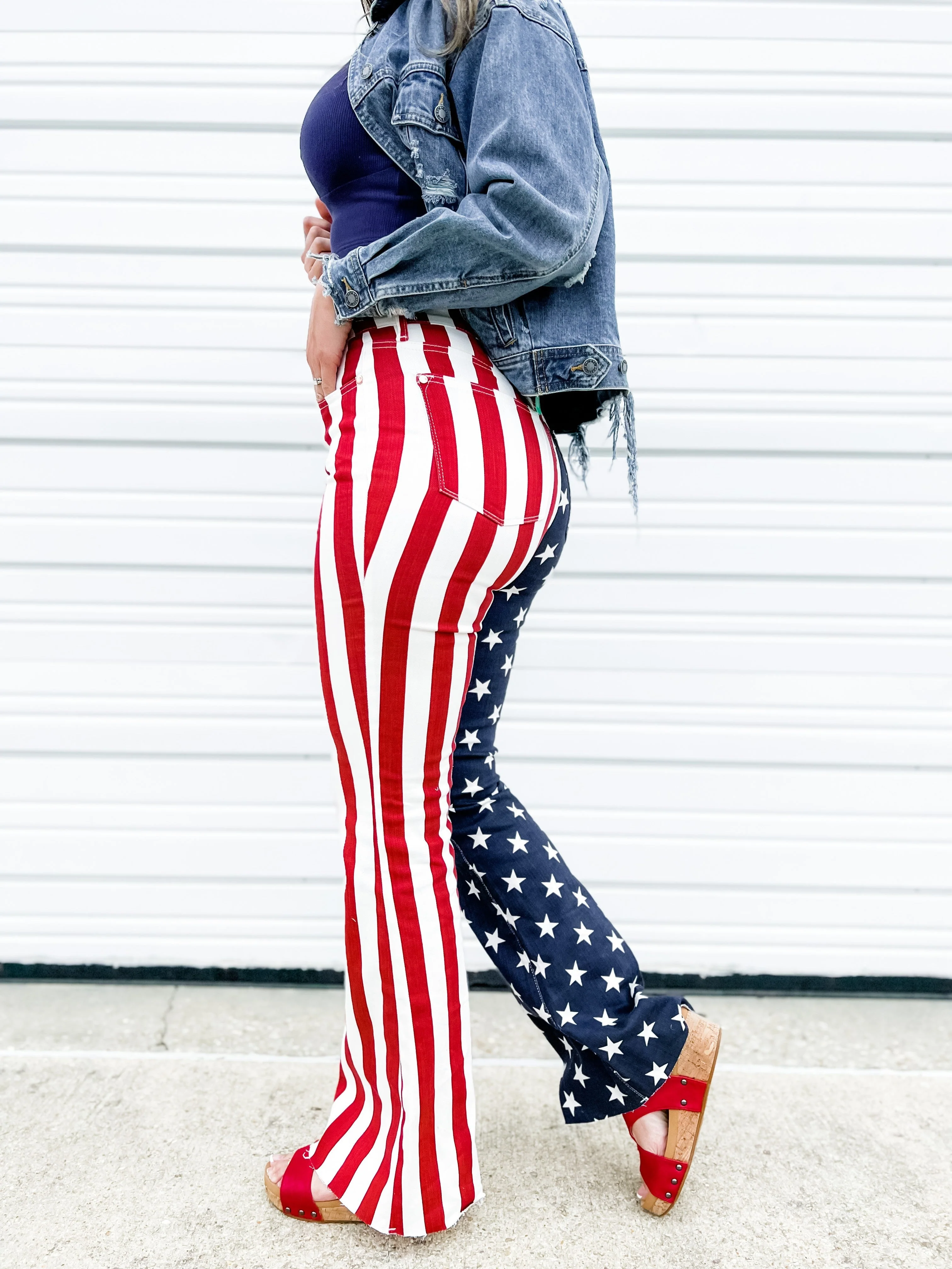 Judy Blue High Rise Stars and Stripes Print Raw Hem Flare Jeans - Image 15