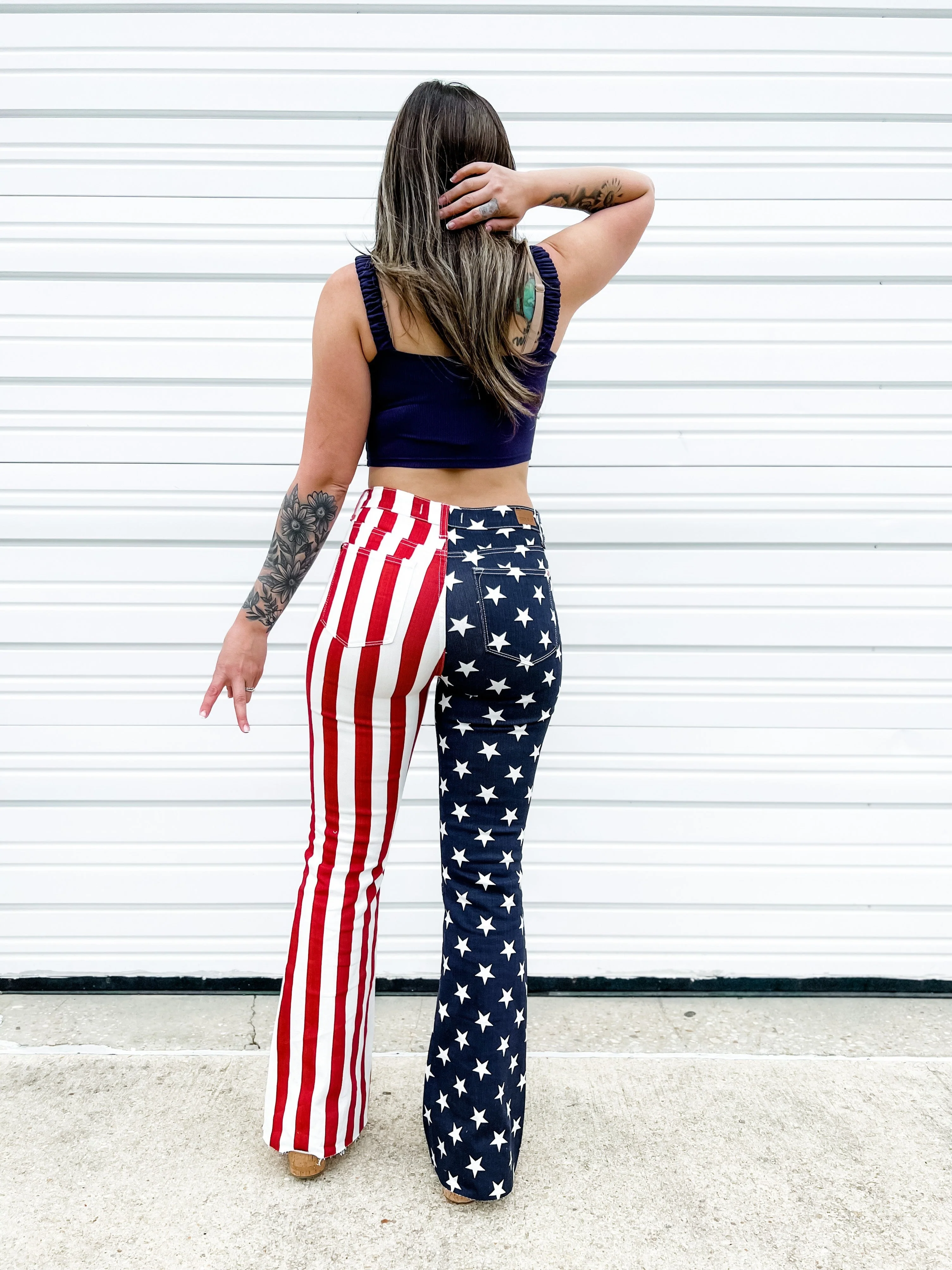 Judy Blue High Rise Stars and Stripes Print Raw Hem Flare Jeans - Image 18