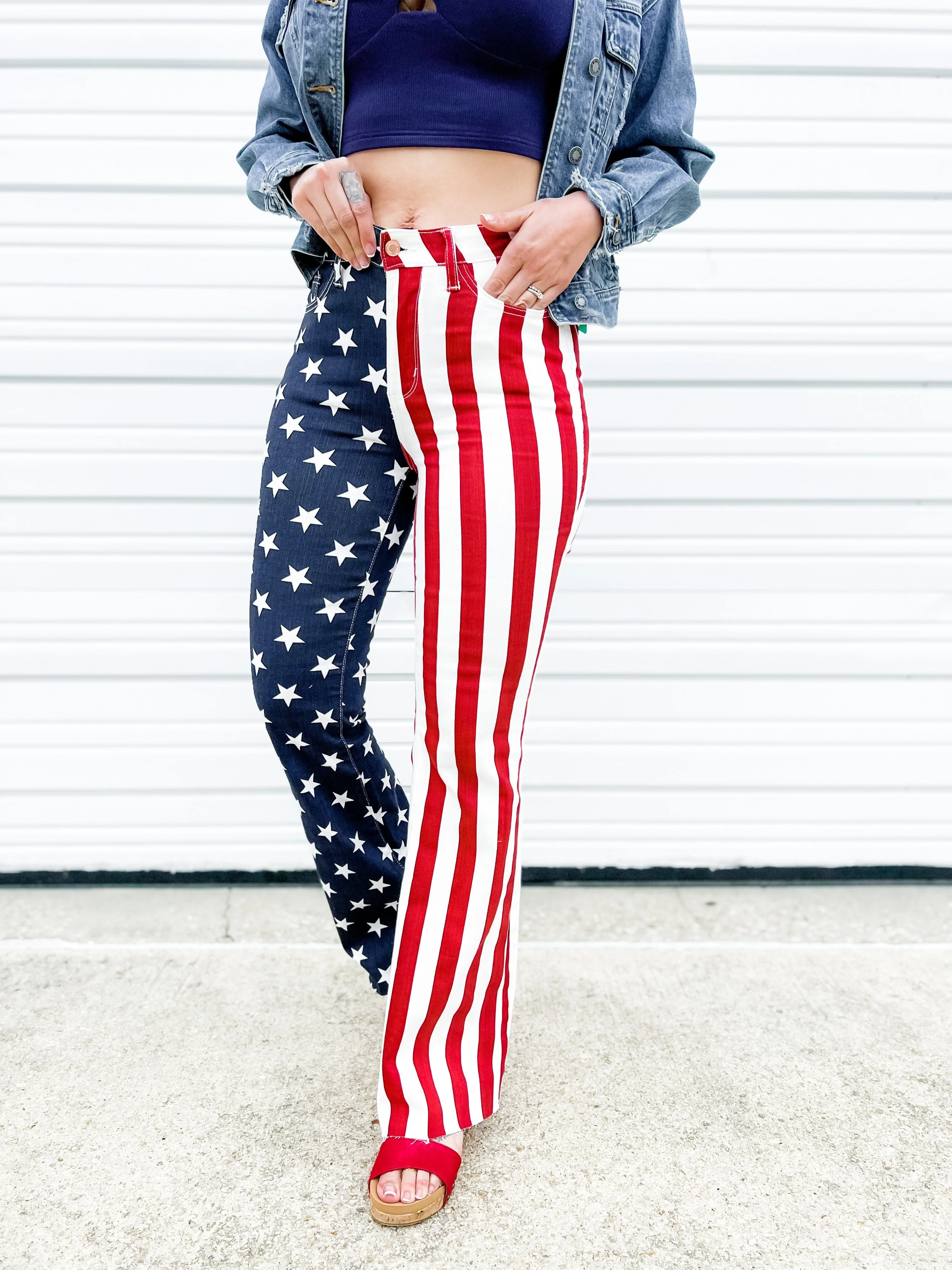 Judy Blue High Rise Stars and Stripes Print Raw Hem Flare Jeans - Image 3