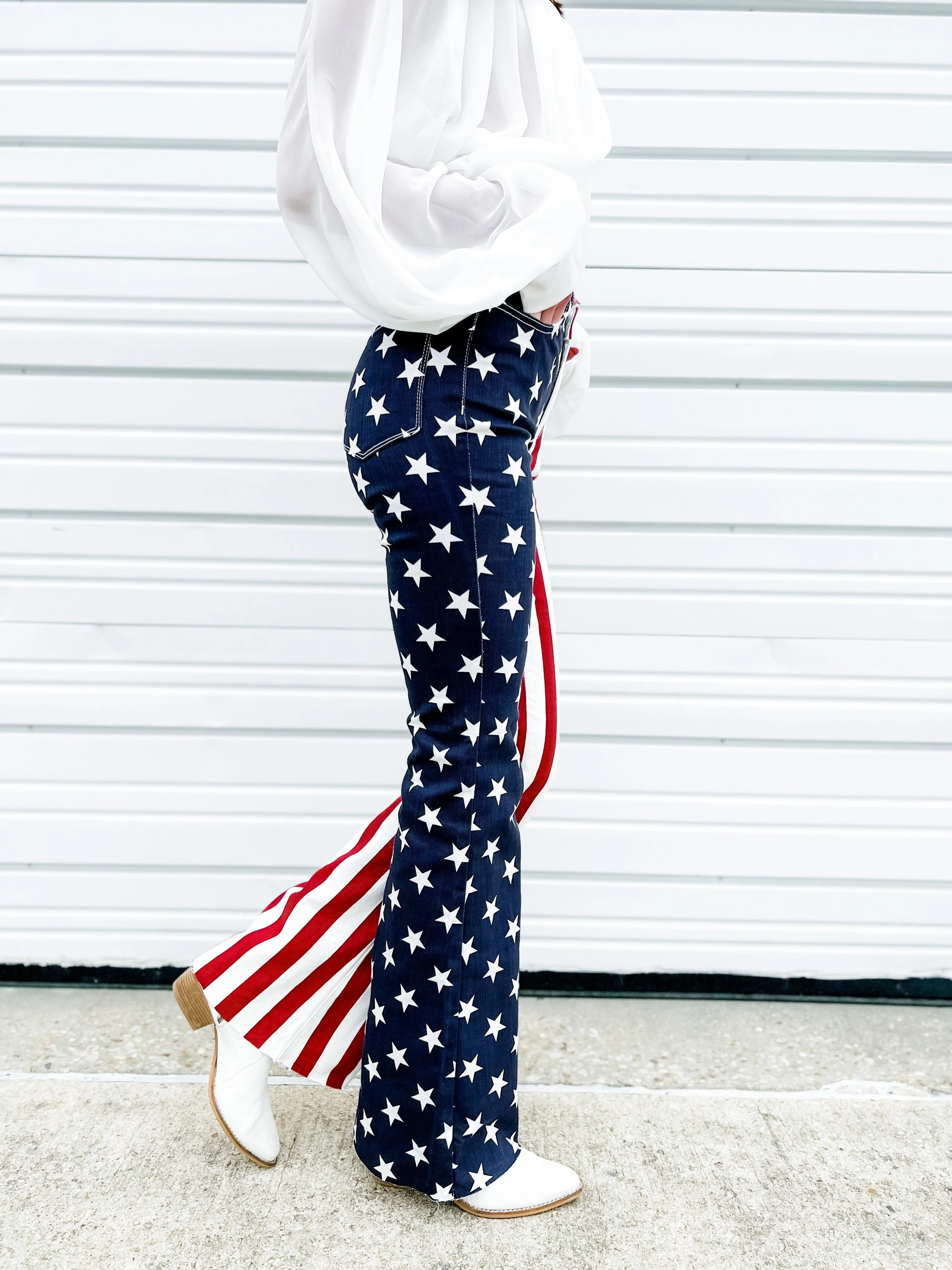 Judy Blue High Rise Stars and Stripes Print Raw Hem Flare Jeans - Image 4