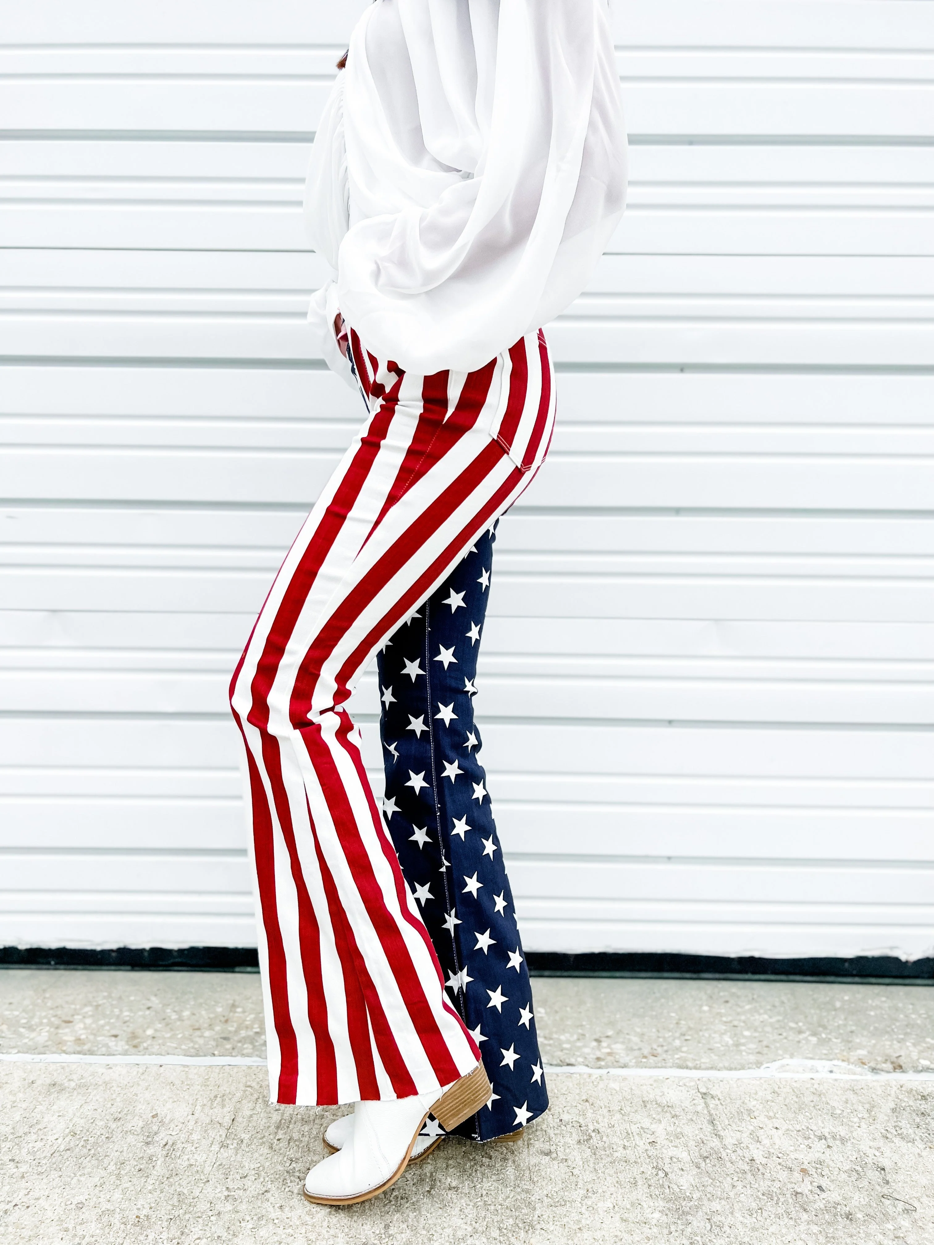 Judy Blue High Rise Stars and Stripes Print Raw Hem Flare Jeans - Image 7
