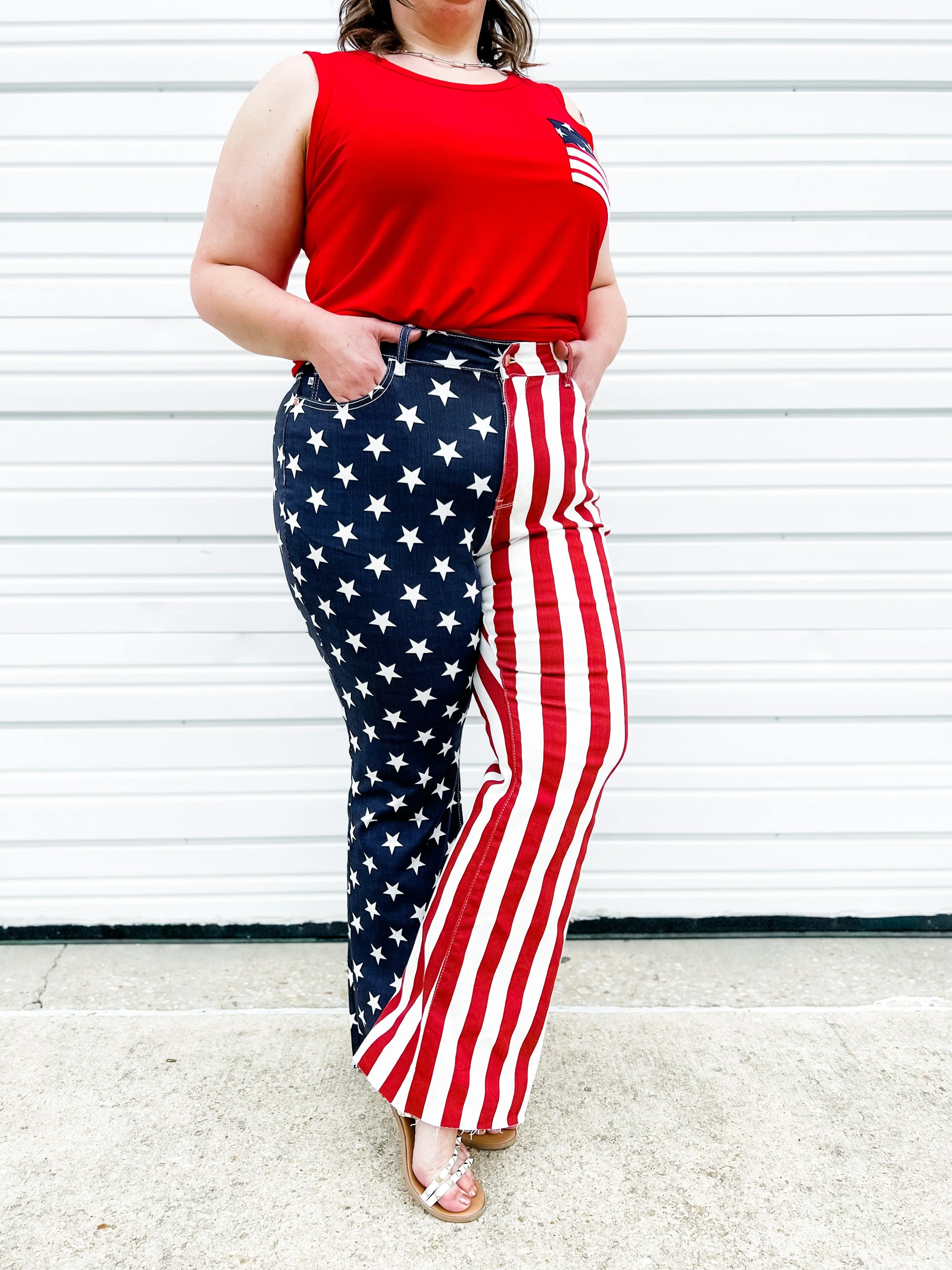 Judy Blue High Rise Stars and Stripes Print Raw Hem Flare Jeans - Image 8