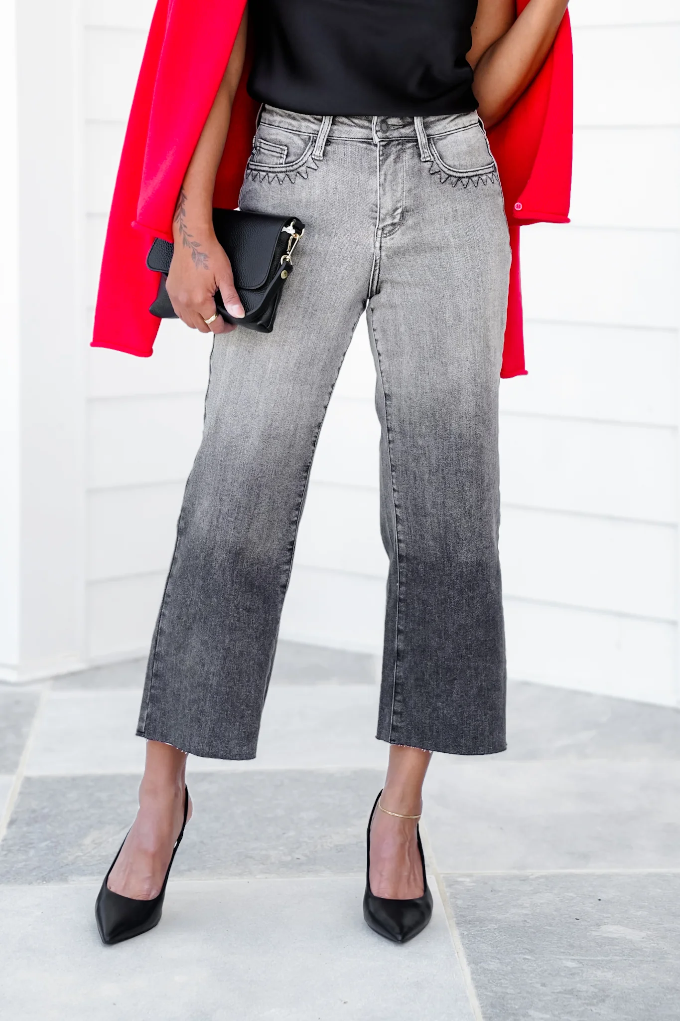 Judy Blue High Rise Vintage Grey Wash Cropped Wide Leg Jeans with Front Pocket Embroidery - Image 10