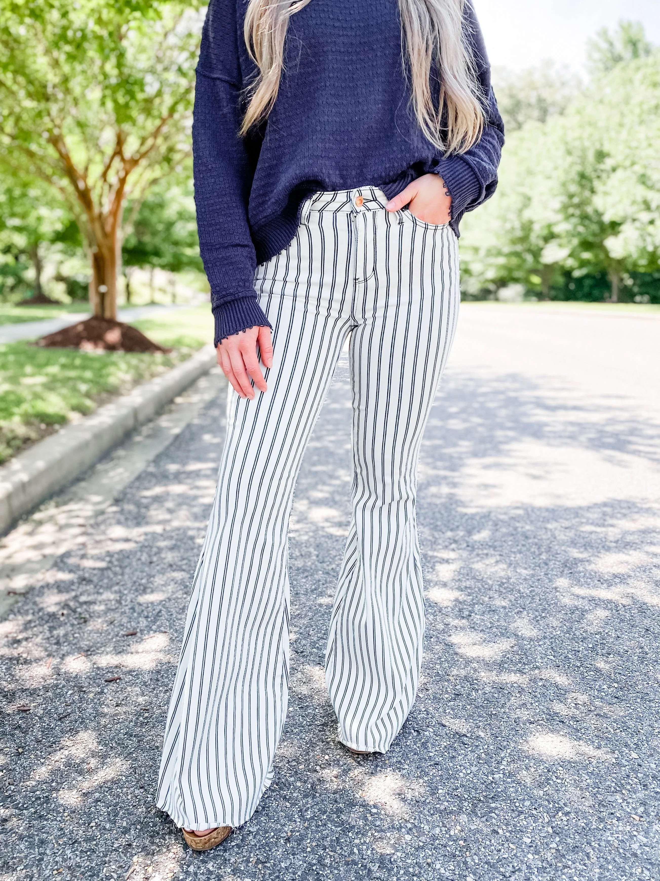 Judy Blue Long Inseam White Pinstripe Super Flare Jeans - Image 3