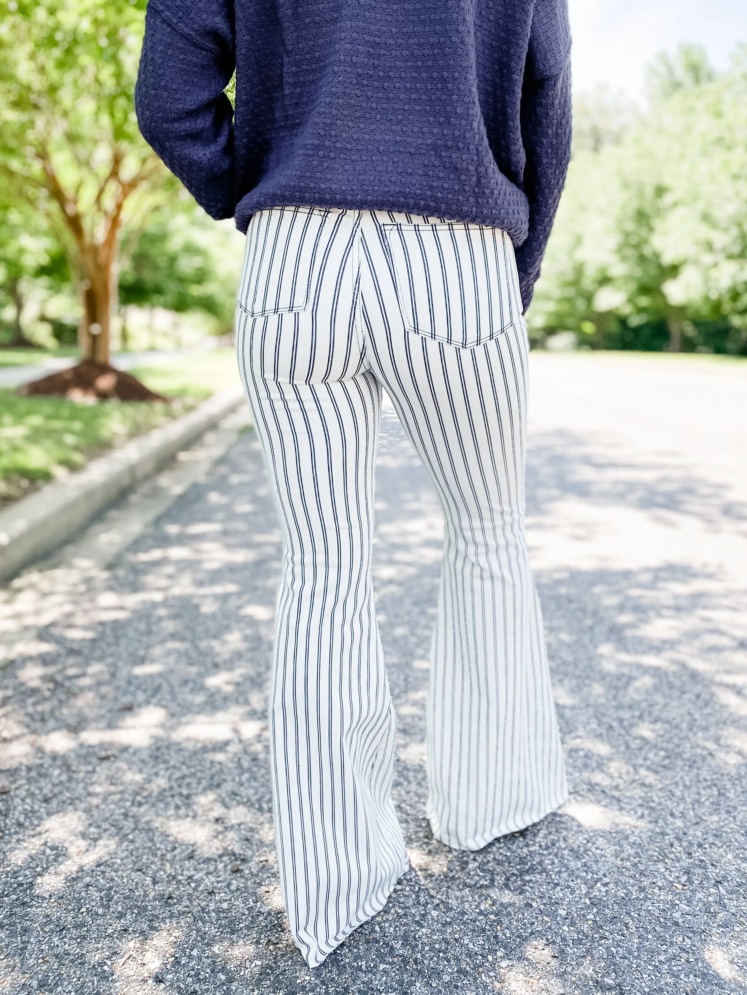 Judy Blue Long Inseam White Pinstripe Super Flare Jeans - Image 5