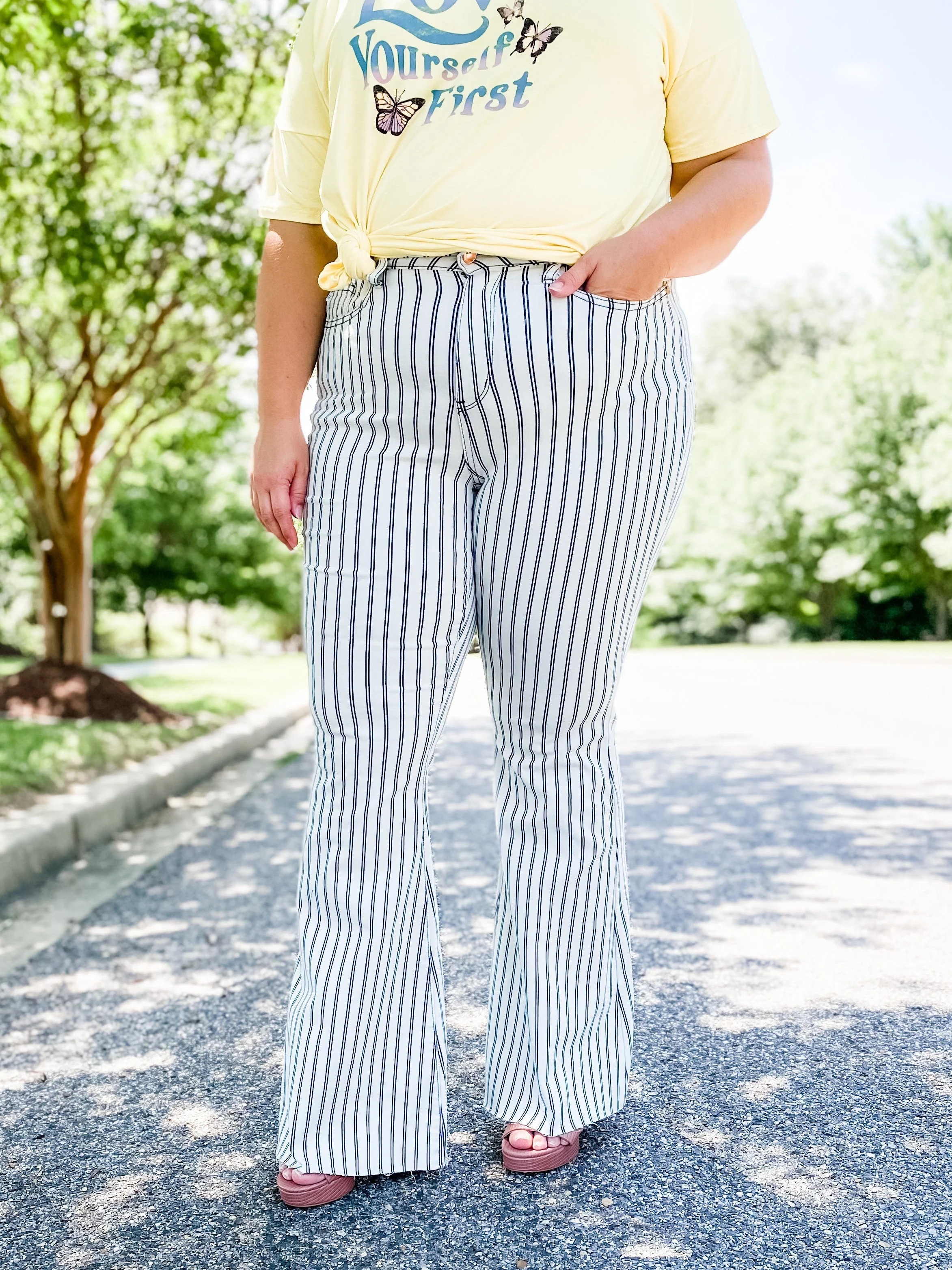 Judy Blue Long Inseam White Pinstripe Super Flare Jeans - Image 6