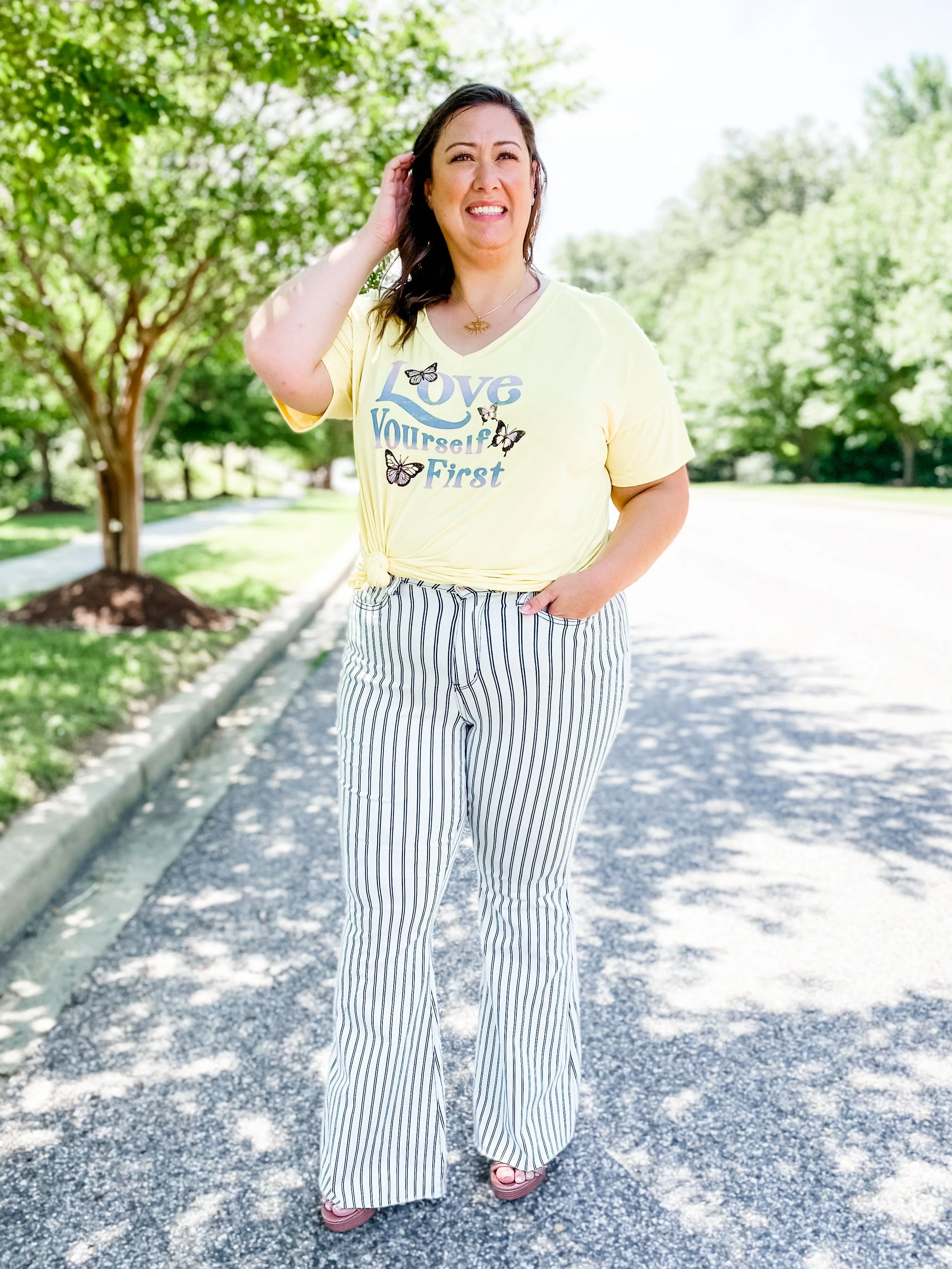 Judy Blue Long Inseam White Pinstripe Super Flare Jeans - Image 7