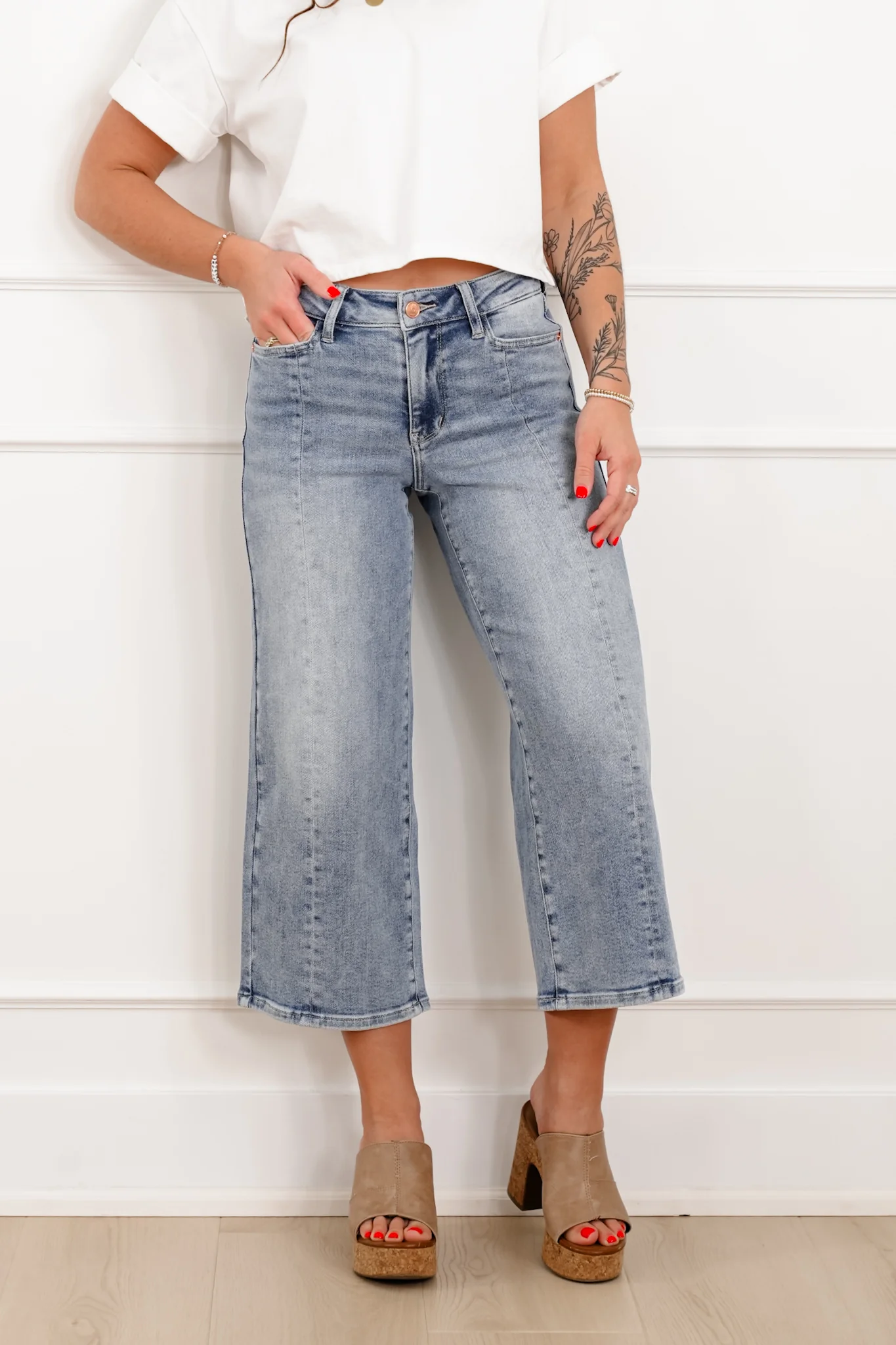 Judy Blue The Carolina Mid Rise Light Wash Crop Wide Leg Jeans with Center Seam - Image 10