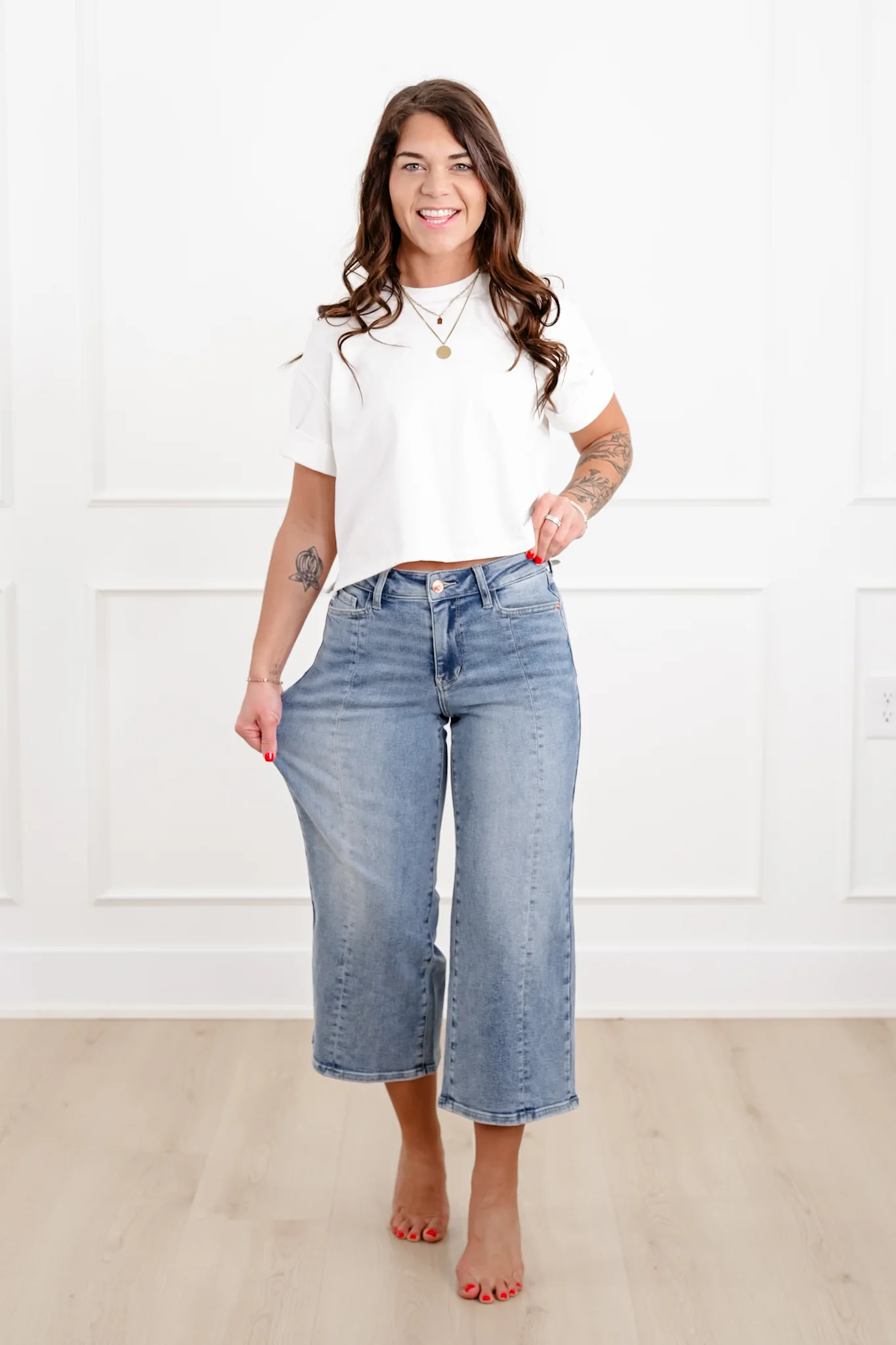 Judy Blue The Carolina Mid Rise Light Wash Crop Wide Leg Jeans with Center Seam - Image 11