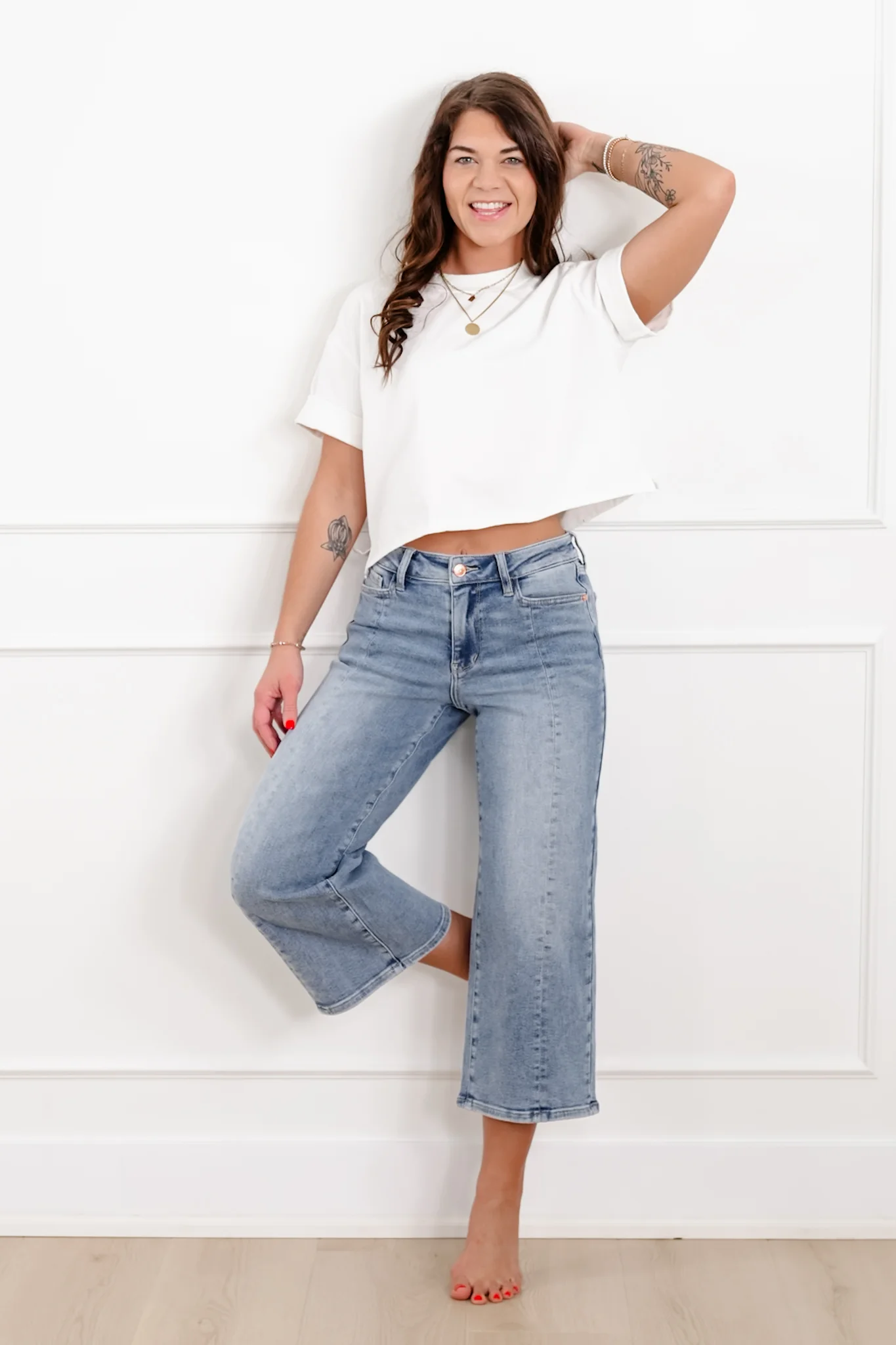 Judy Blue The Carolina Mid Rise Light Wash Crop Wide Leg Jeans with Center Seam - Image 5