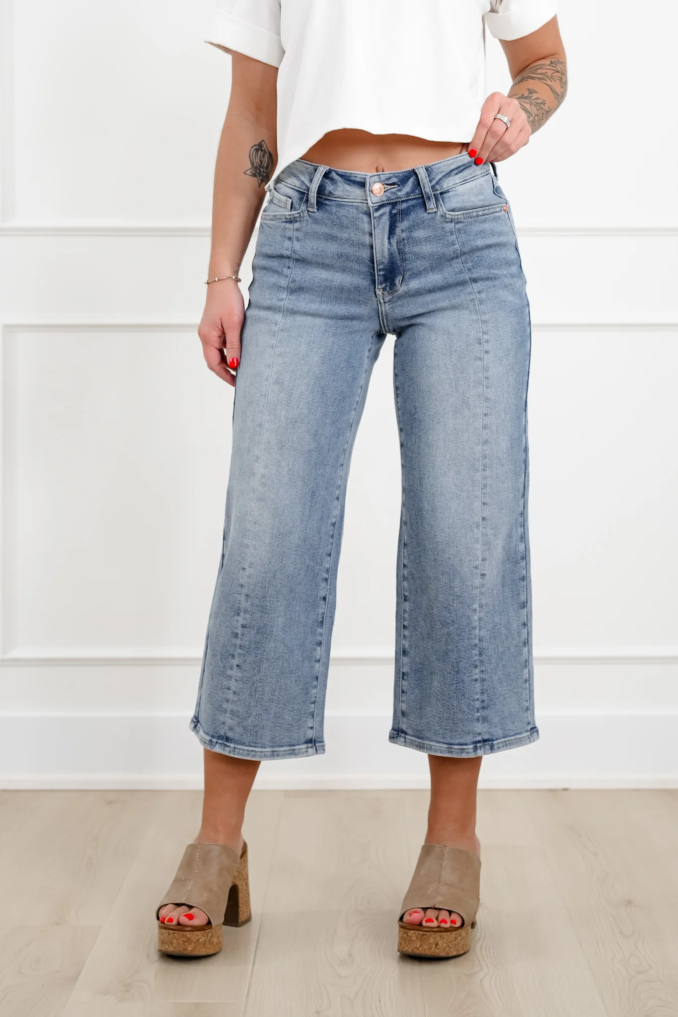 Judy Blue The Carolina Mid Rise Light Wash Crop Wide Leg Jeans with Center Seam - Image 6