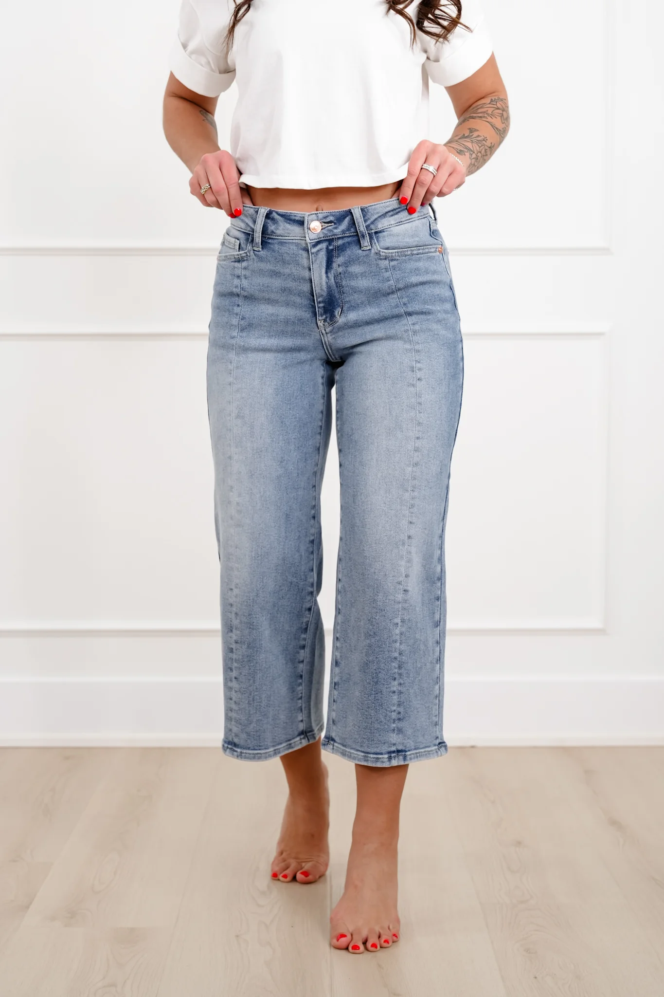 Judy Blue The Carolina Mid Rise Light Wash Crop Wide Leg Jeans with Center Seam - Image 7