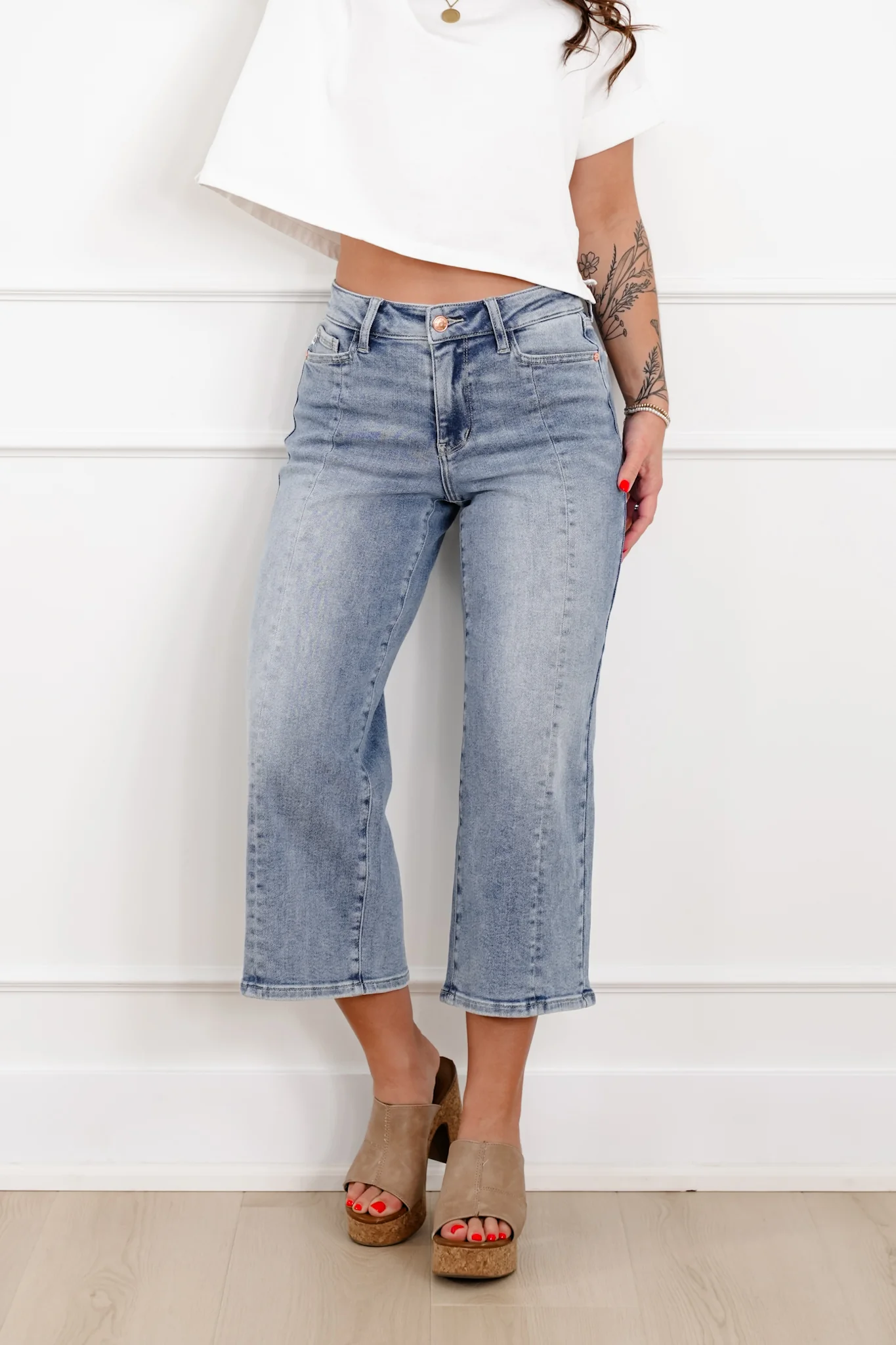 Judy Blue The Carolina Mid Rise Light Wash Crop Wide Leg Jeans with Center Seam - Image 9