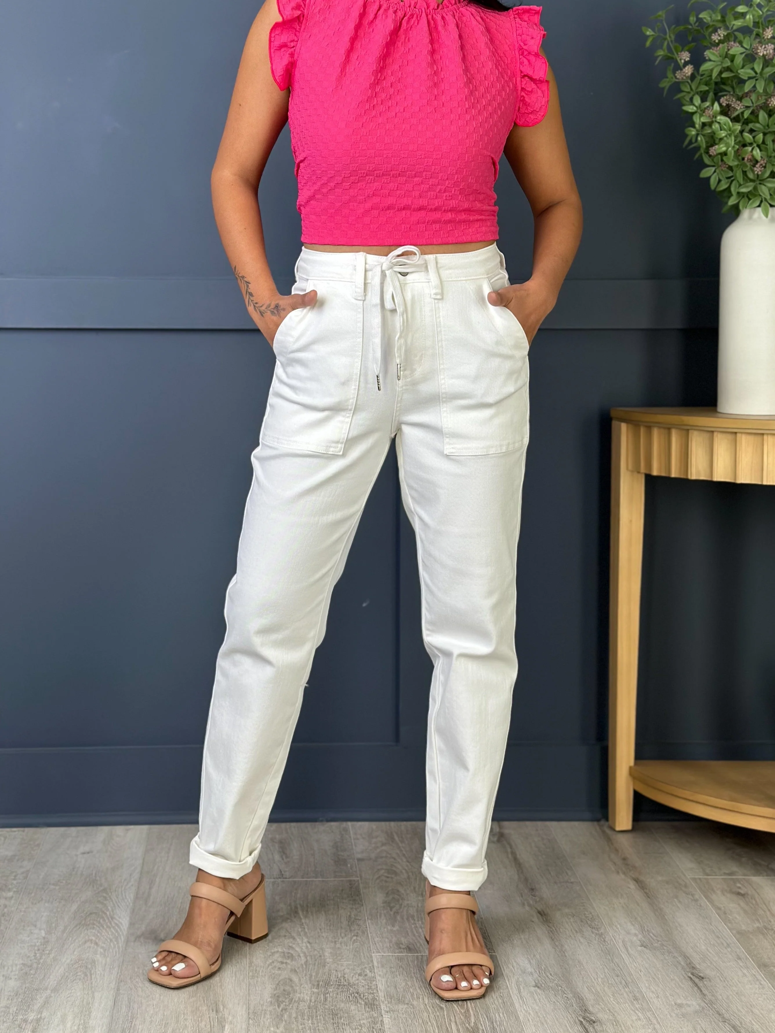 Judy Blue WHITE Airplane Mode High Rise White Cuffed Jogger - Image 44