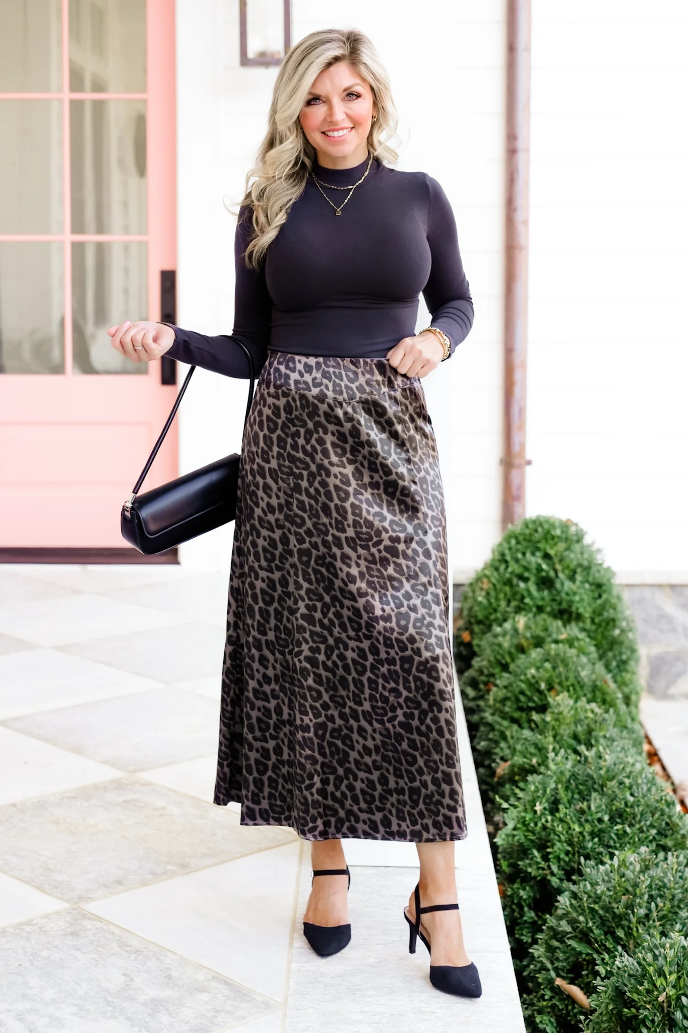 Leopard Print Satin Elastic Waist Midi Skirt - Image 2