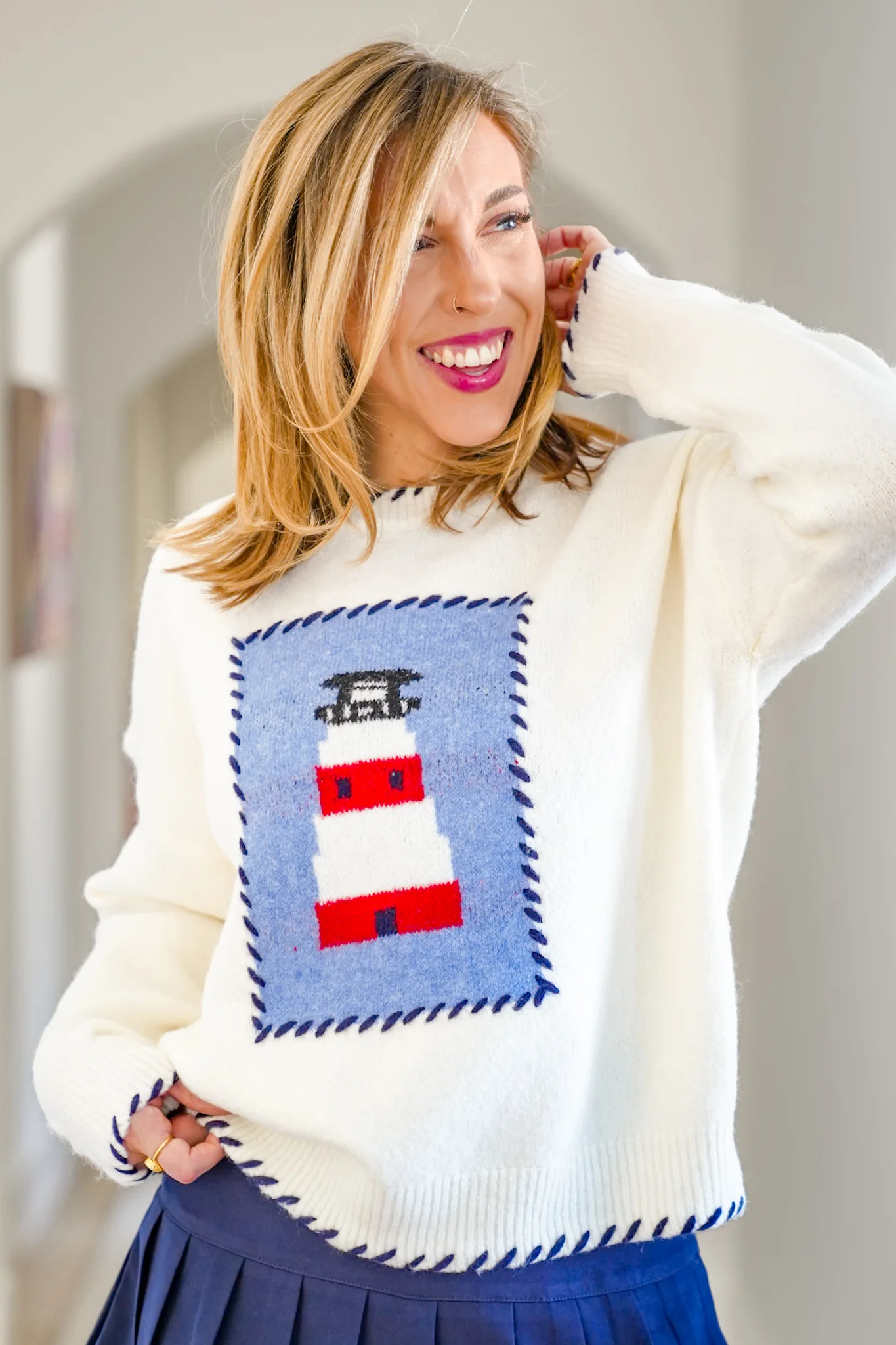 Lighthouse Long Sleeve Sweater with Blanket Stitch - Image 5