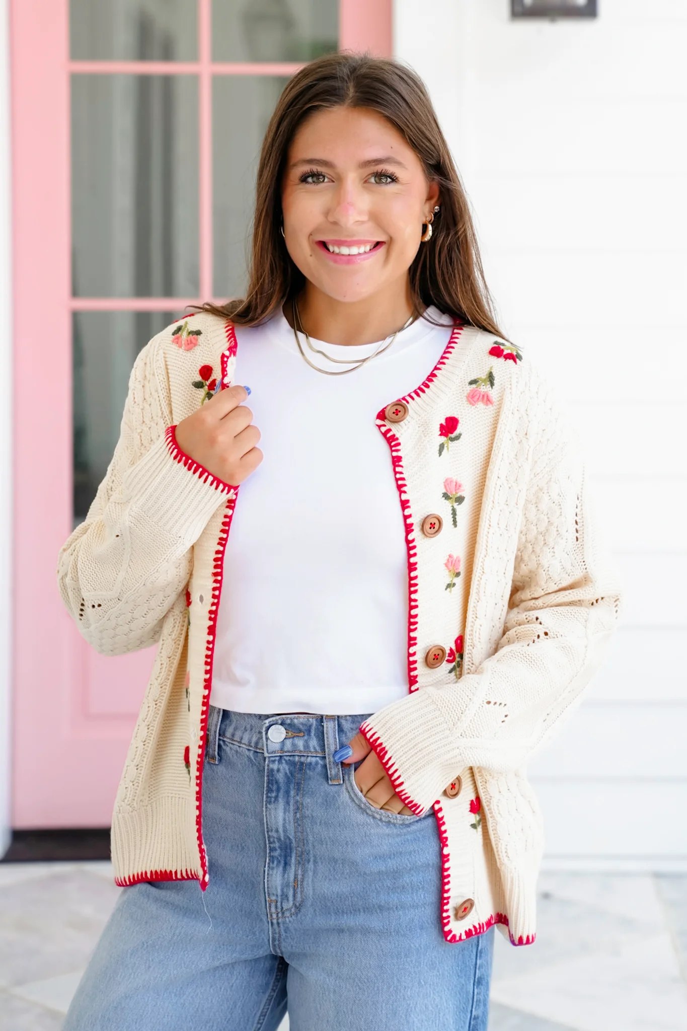 Long Sleeve Button Down Cardigan with Floral Embroidery Detail - Image 10