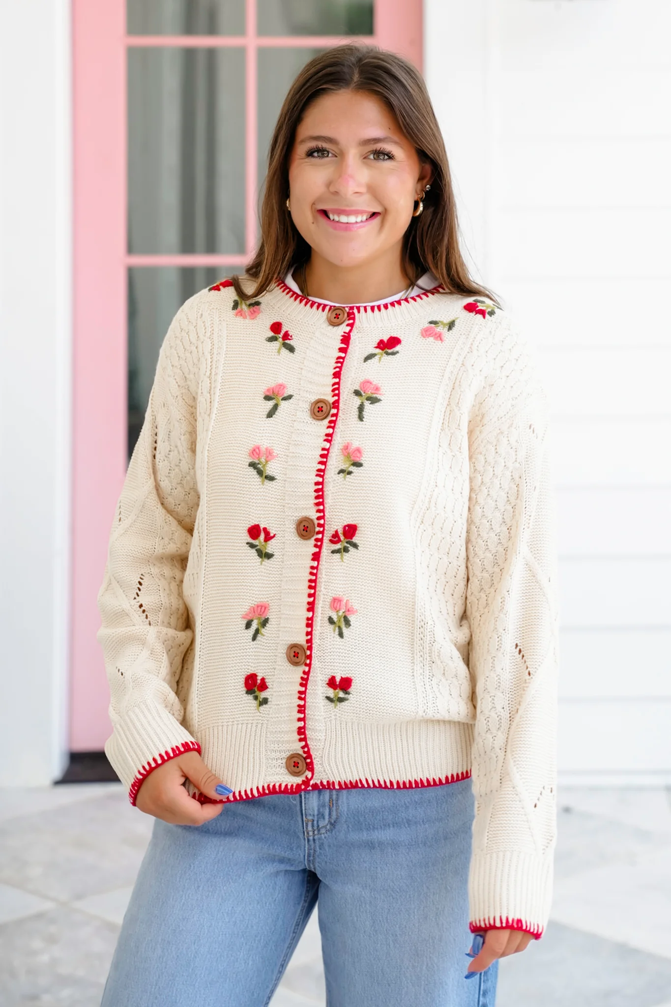 Long Sleeve Button Down Cardigan with Floral Embroidery Detail - Image 4