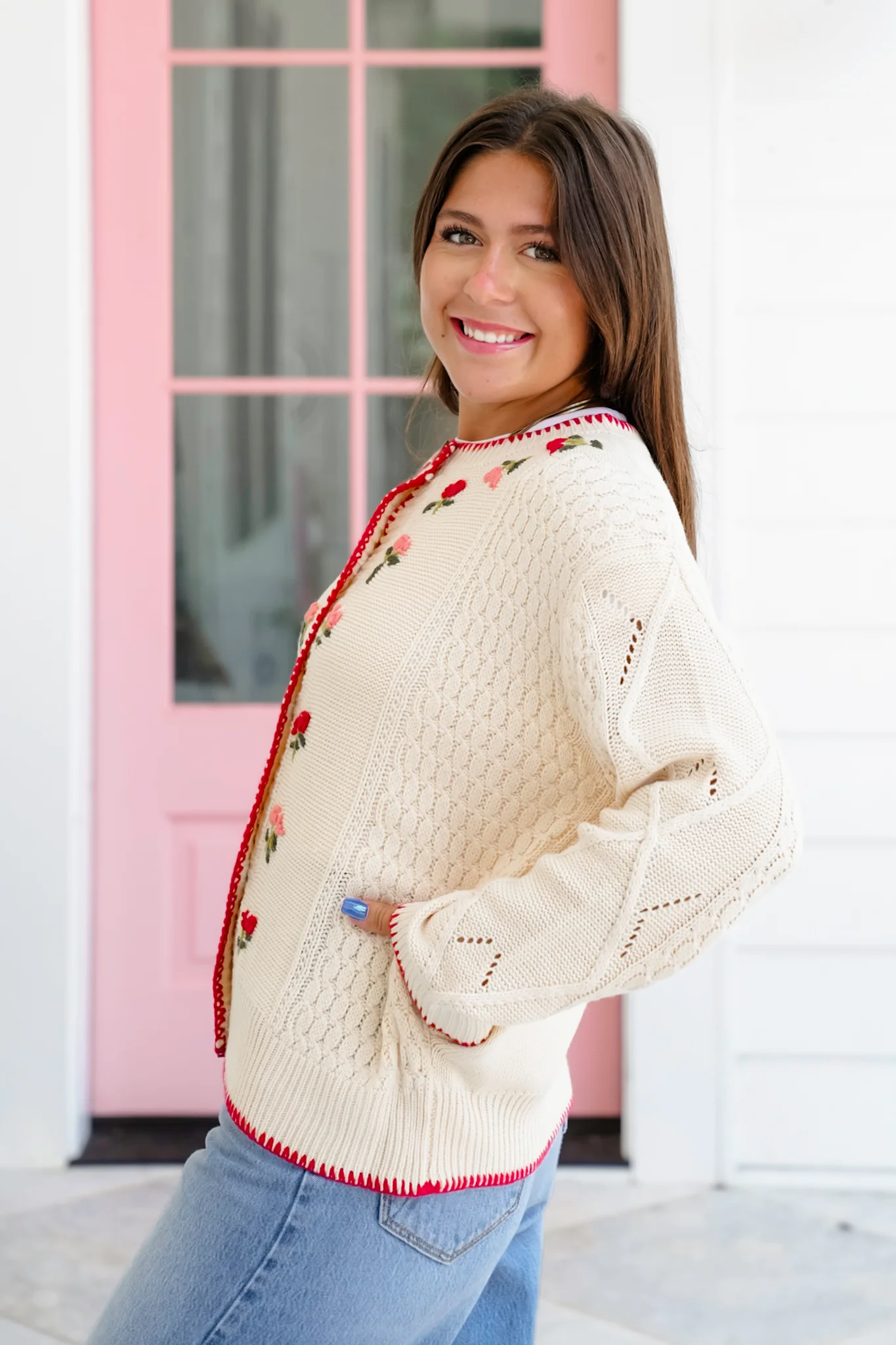 Long Sleeve Button Down Cardigan with Floral Embroidery Detail - Image 5