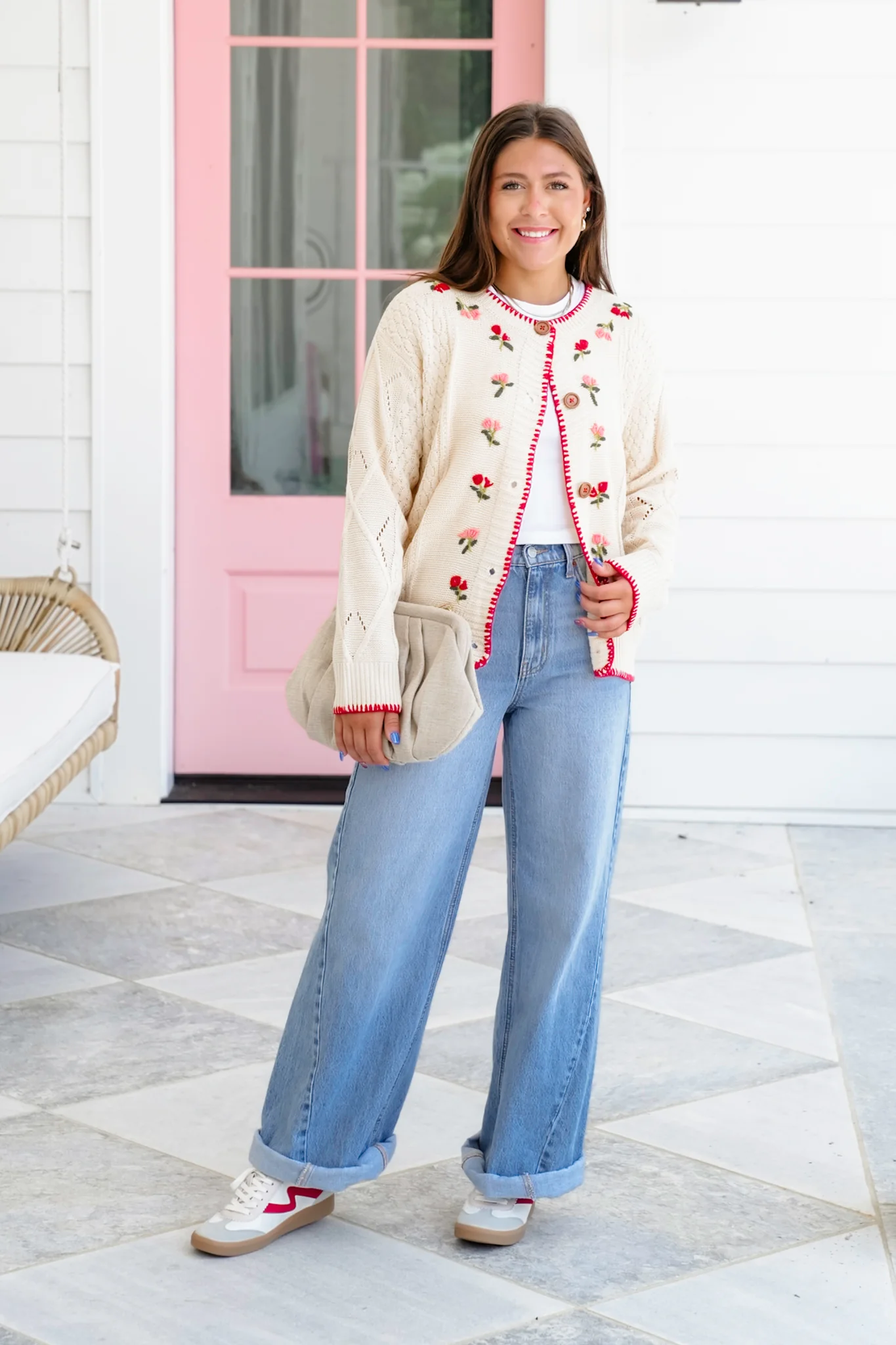 Long Sleeve Button Down Cardigan with Floral Embroidery Detail - Image 7