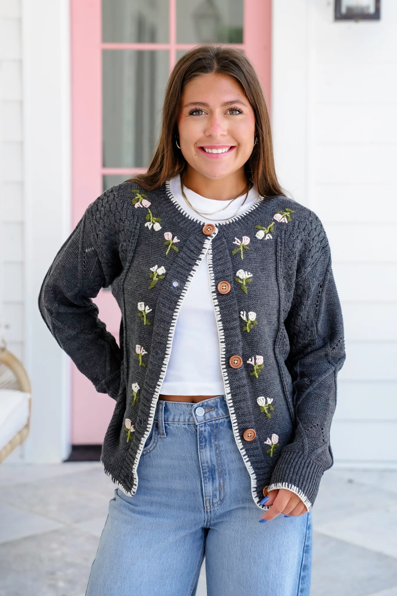 Long Sleeve Button Down Cardigan with Floral Embroidery Detail - Image 8