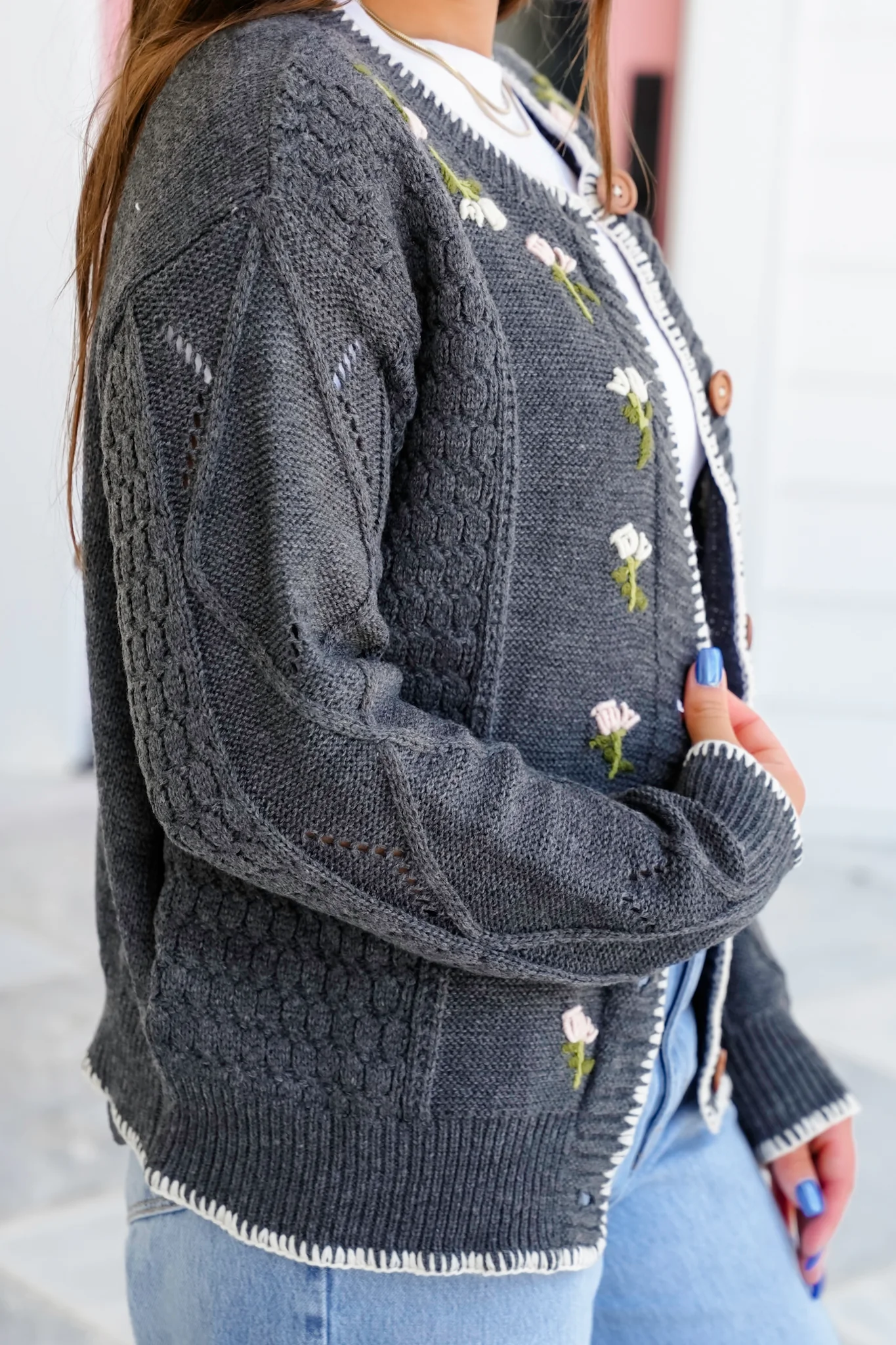 Long Sleeve Button Down Cardigan with Floral Embroidery Detail - Image 9