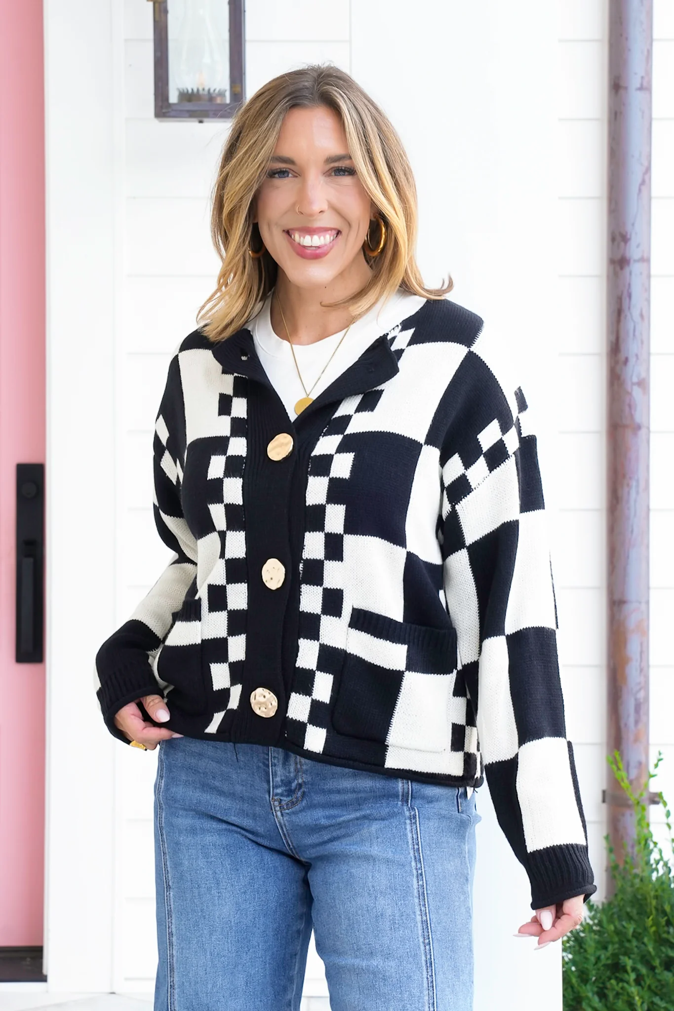 Long Sleeve Checkered Button Down Sweater - Image 3